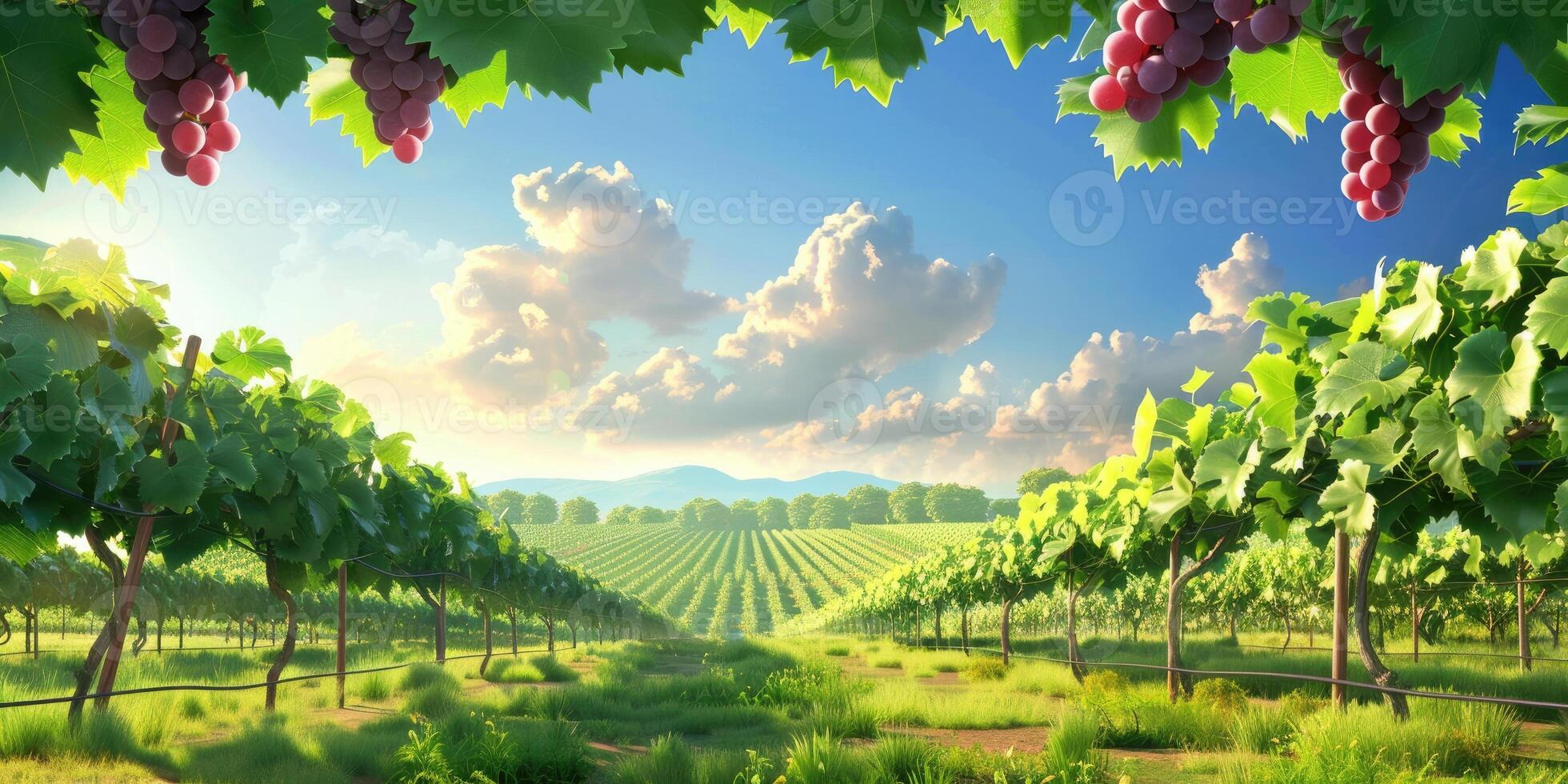 Vineyard with grapevines and lush greenery under a bright sky at sunset photo