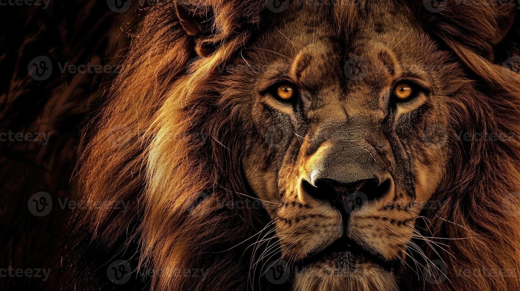 Close-up of a majestic lion with a golden mane staring intensely forward. photo