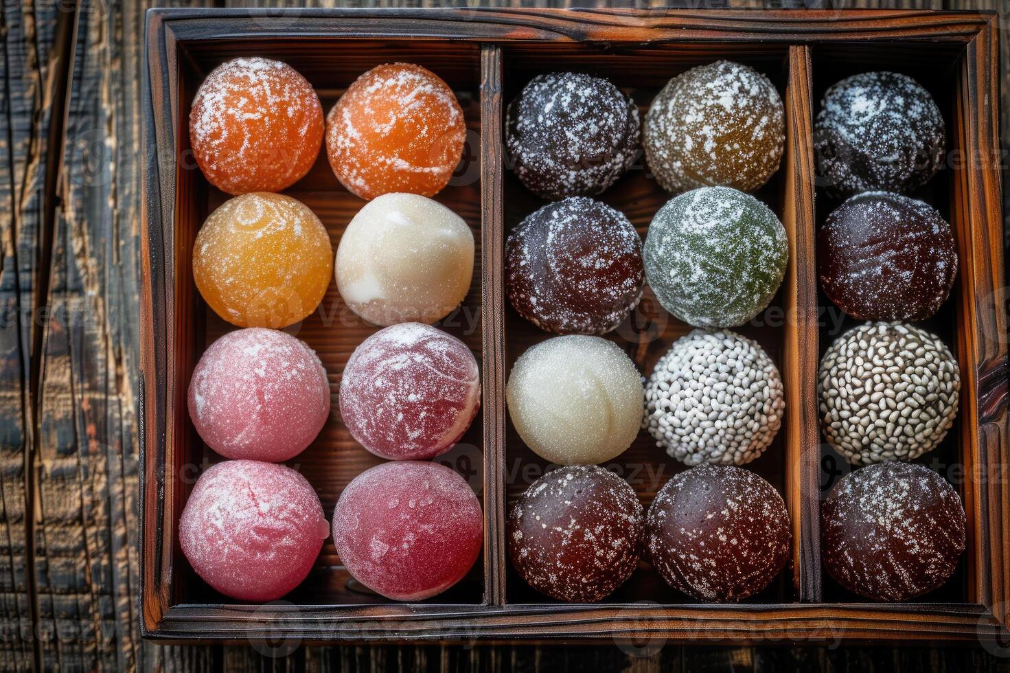 Traditional Japanese dessert mochi balls presented in a beautiful, traditional Japanese box photo