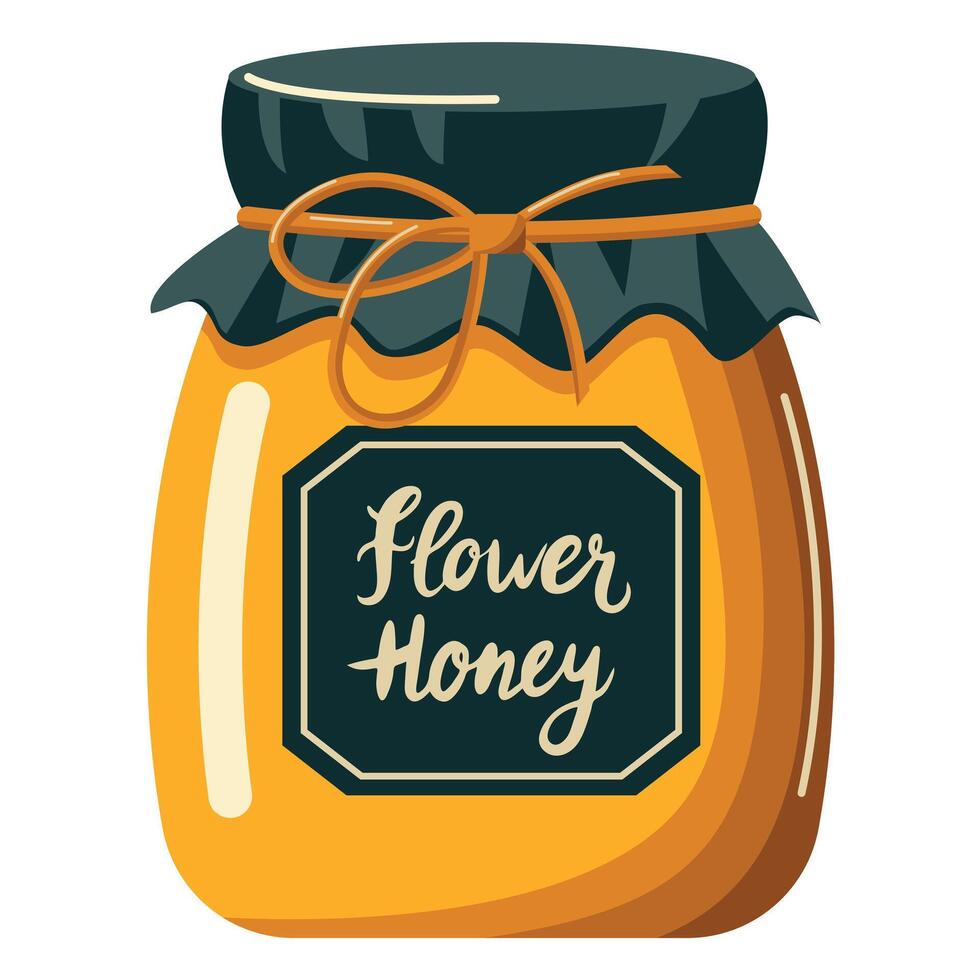 A jar of honey with a black lid and a black label that says Flower Honey. The jar is yellow and has a black ribbon around it vector