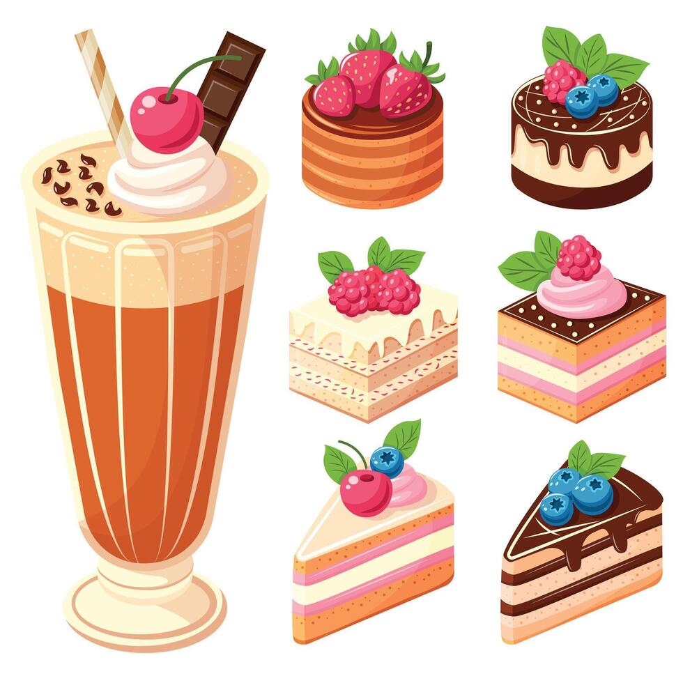 A set of six different types of cakes and a glass of chocolate milk. The cakes are of various sizes and flavors, including chocolate, strawberry, and blueberry vector