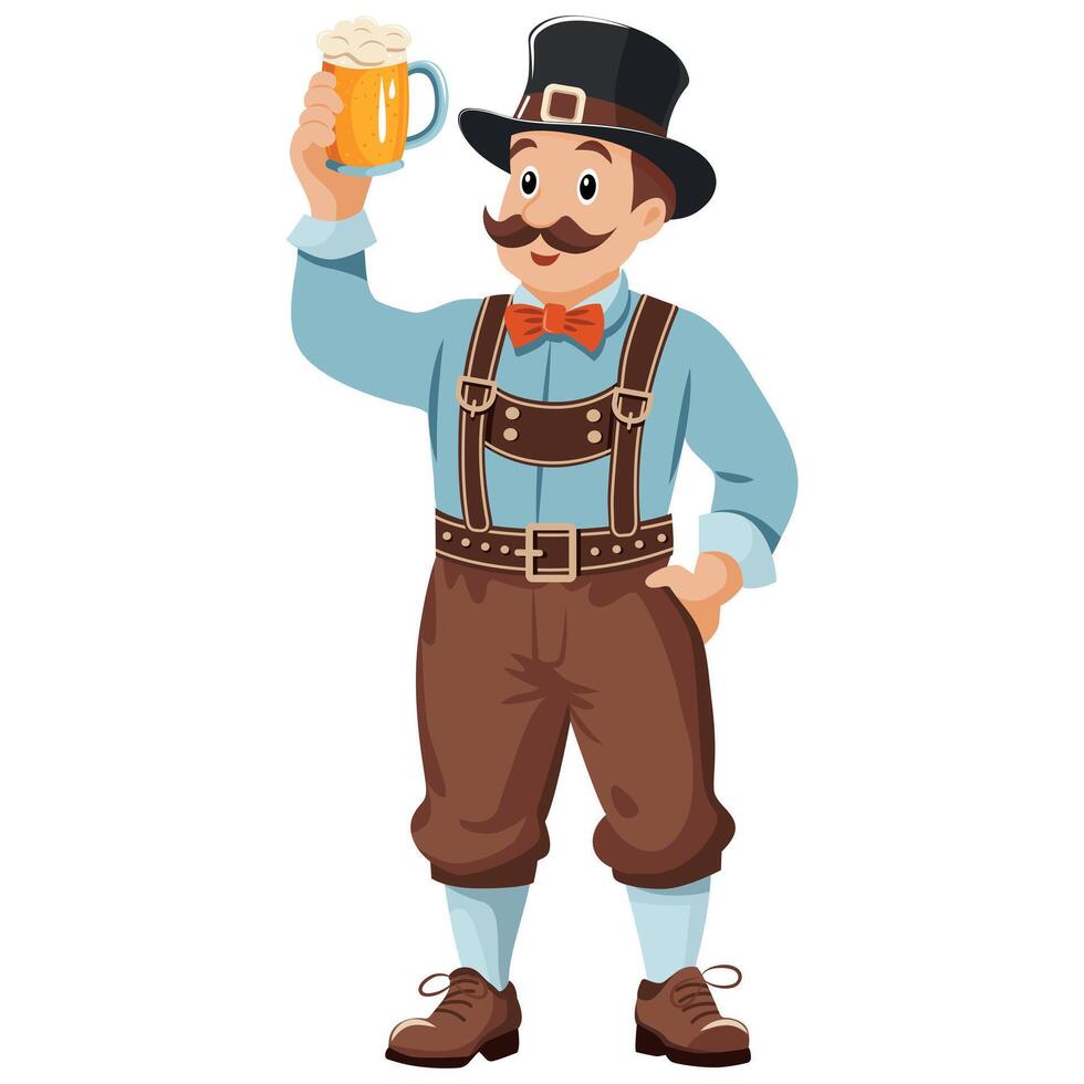 A man in a hat and suspenders holding a beer mug. The man is smiling and he is enjoying his drink vector