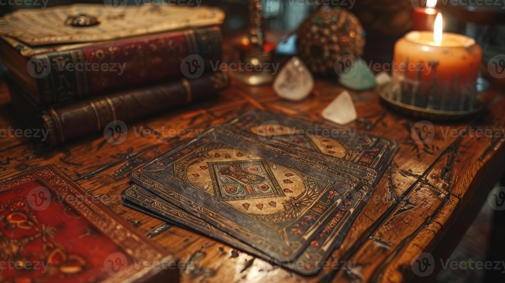 Magical tarot card spread on a wooden table with crystals and lights. photo