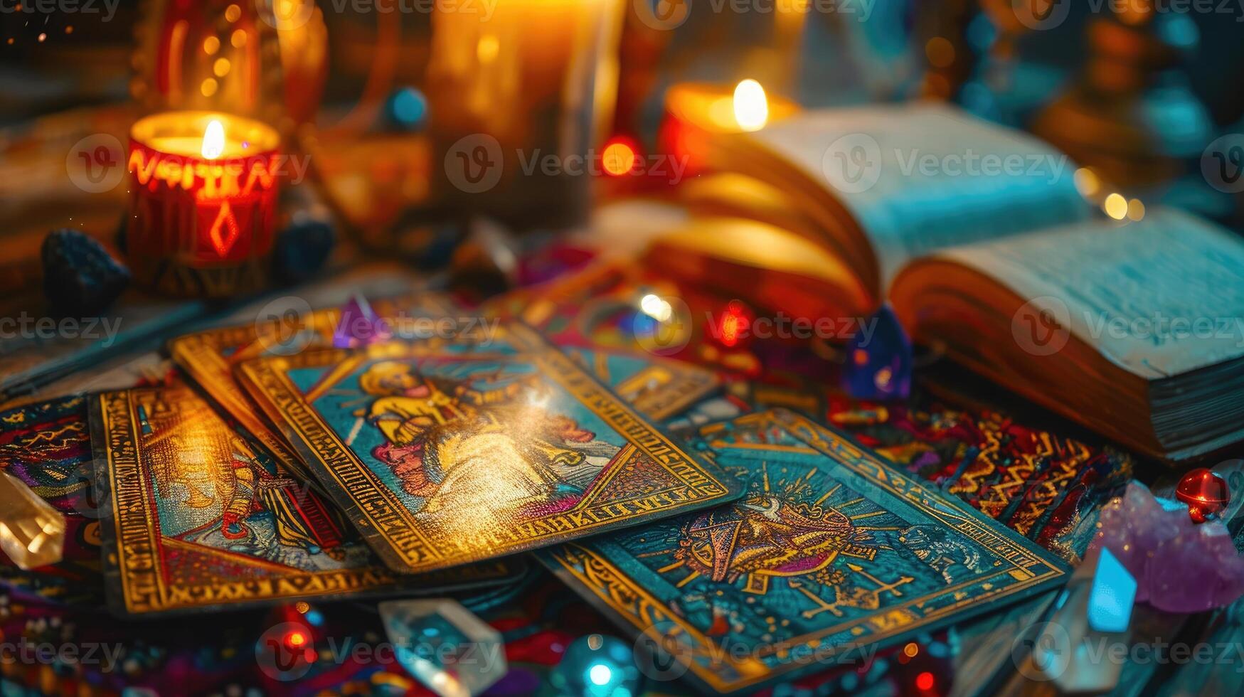 Magical tarot card spread on a wooden table with crystals and lights. photo