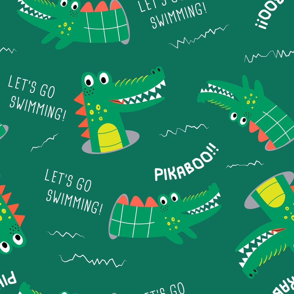 crocodile pattern, drawing with typo for graphic tee print vector