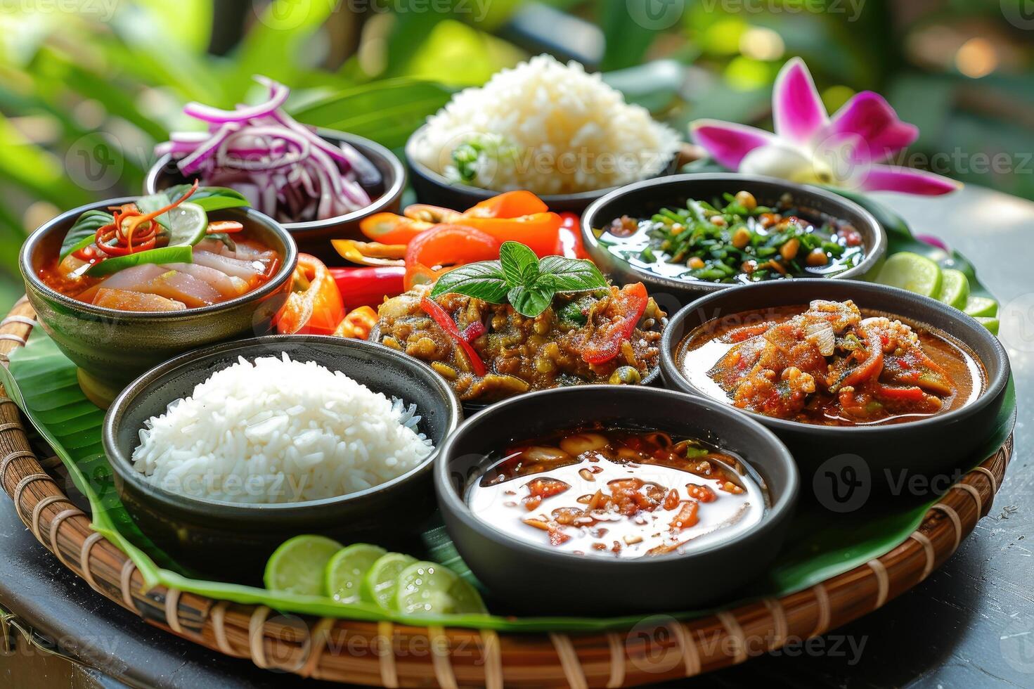Variety of authentic thai traditional meal set on green banana leaves photo