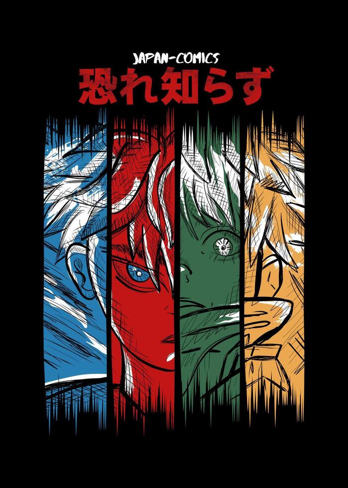 A collage of Japanese anime illustrations with a comic-style aesthetic. vector