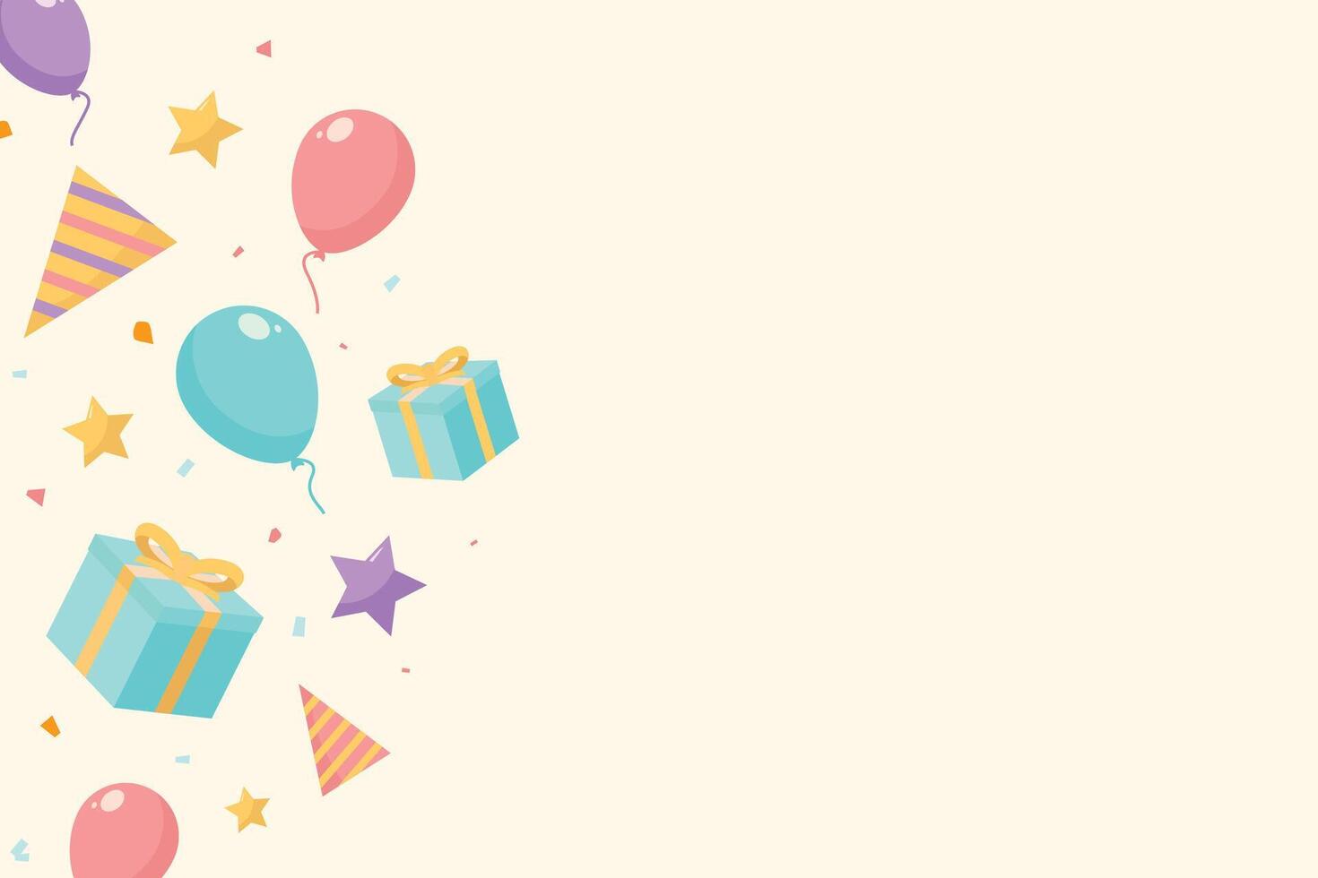 Birthday Party Background Copy Space Banner Ribbon with Balloons, Stars, and Gift Box Flat Gradient Illustration Minimalist vector