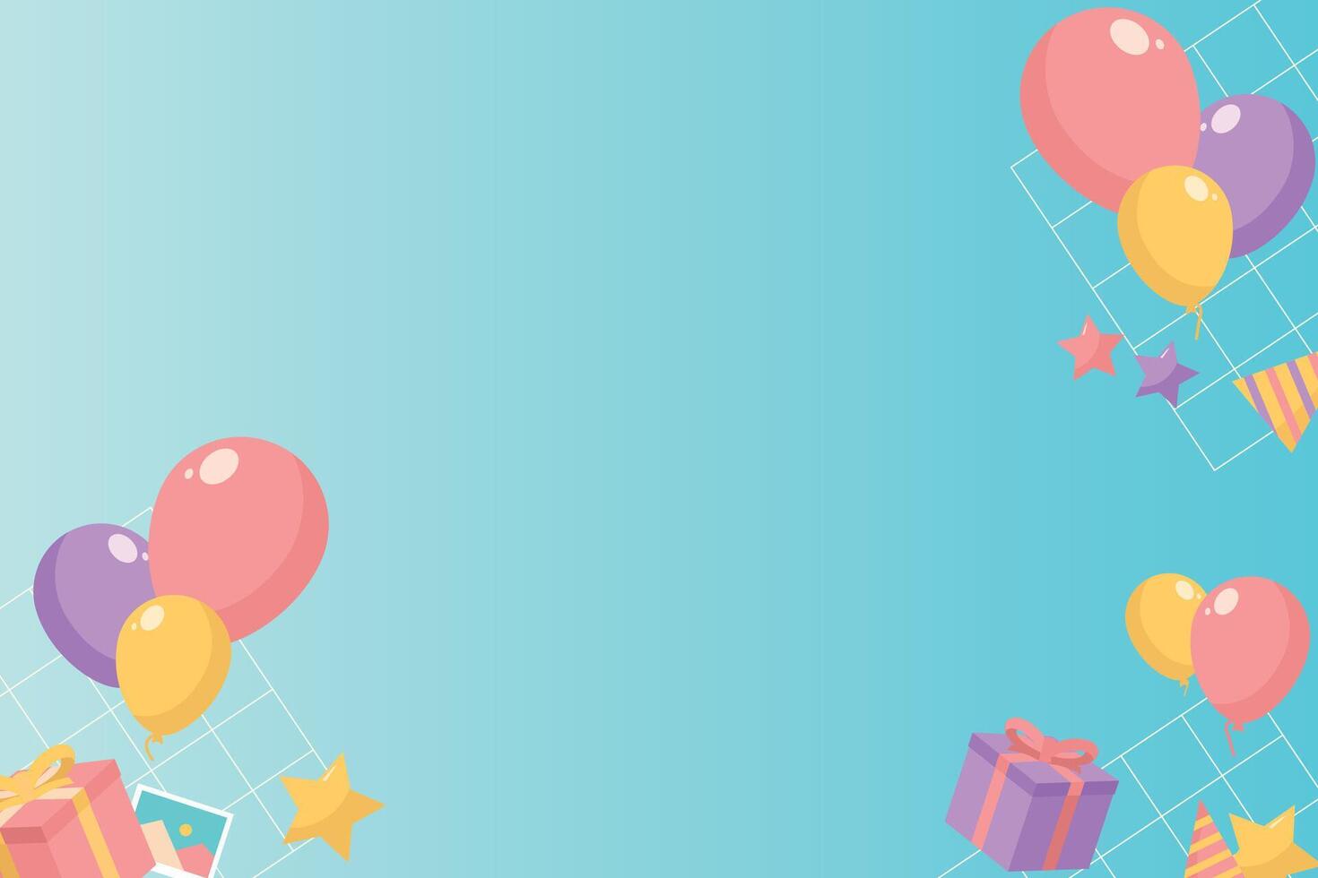 Copy Space Birthday Party Background Banner with Balloons, Stars, and Gift Box Flat Illustration vector