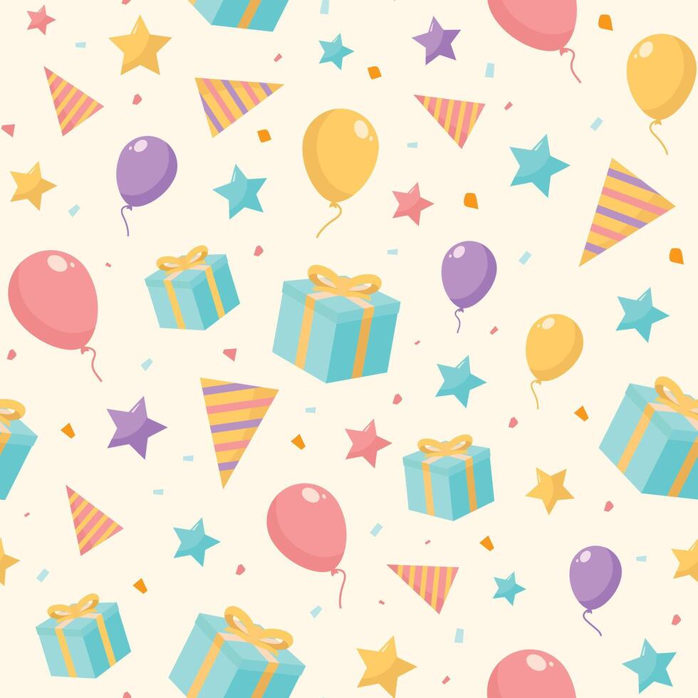 Birthday Gift Box, Balloon, Star, Cone Hat Flat Gradient Illustration Pattern Background vector