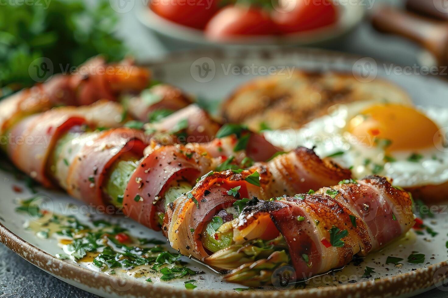 Plate with baked asparagus wrapped in Parma ham, an egg and toast next to it. photo