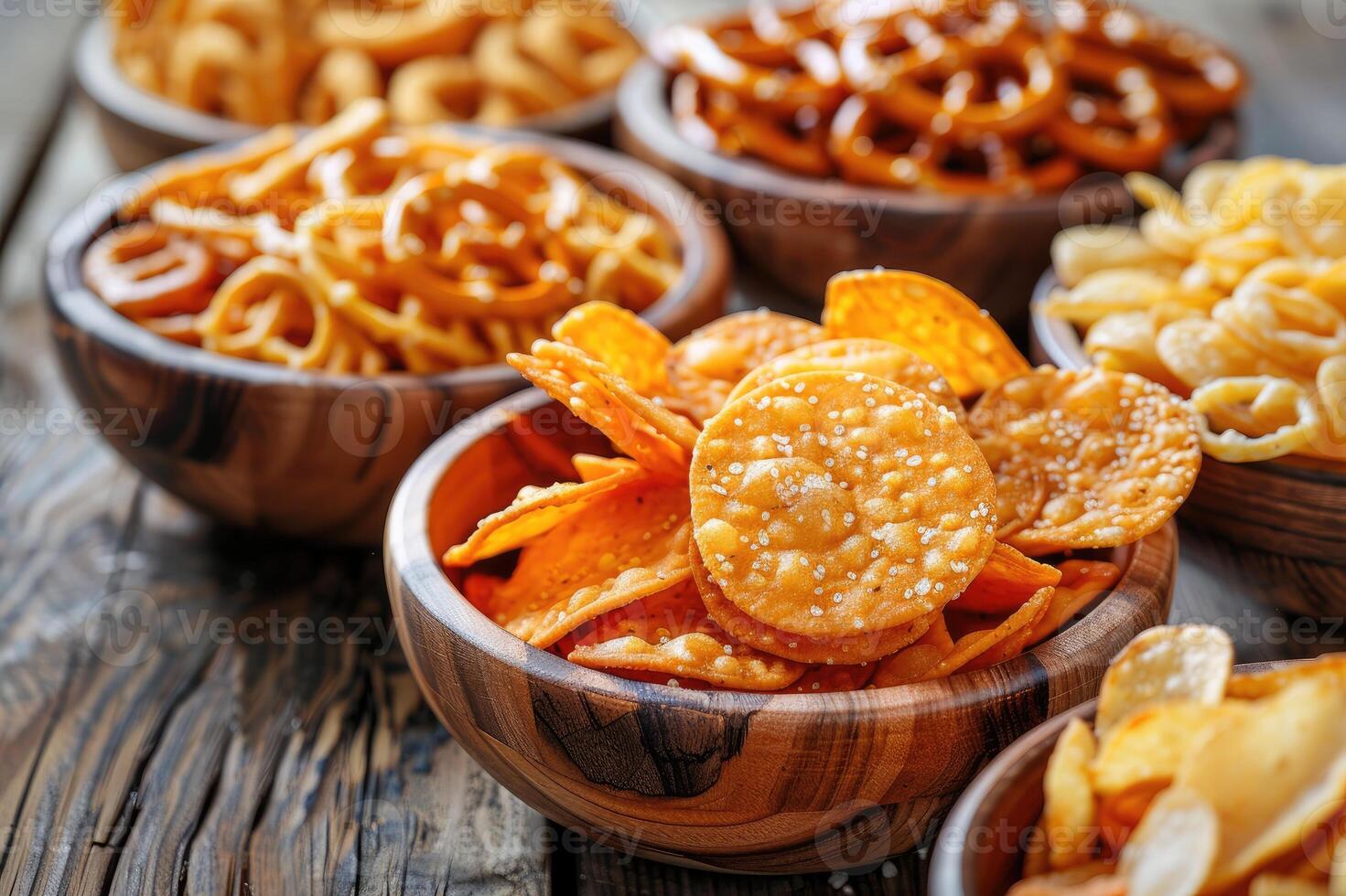 Salty snacks such as pretzels, chips, and crackers photo