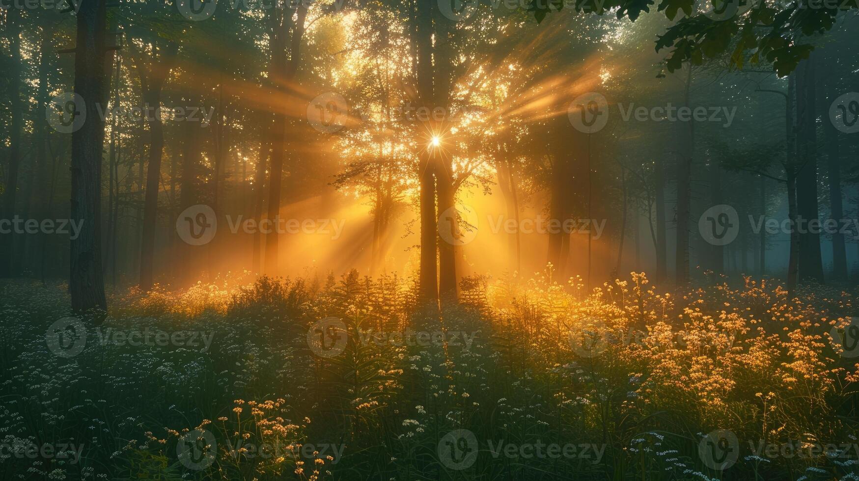 Beautiful nature at morning in the misty spring forest with sun photo