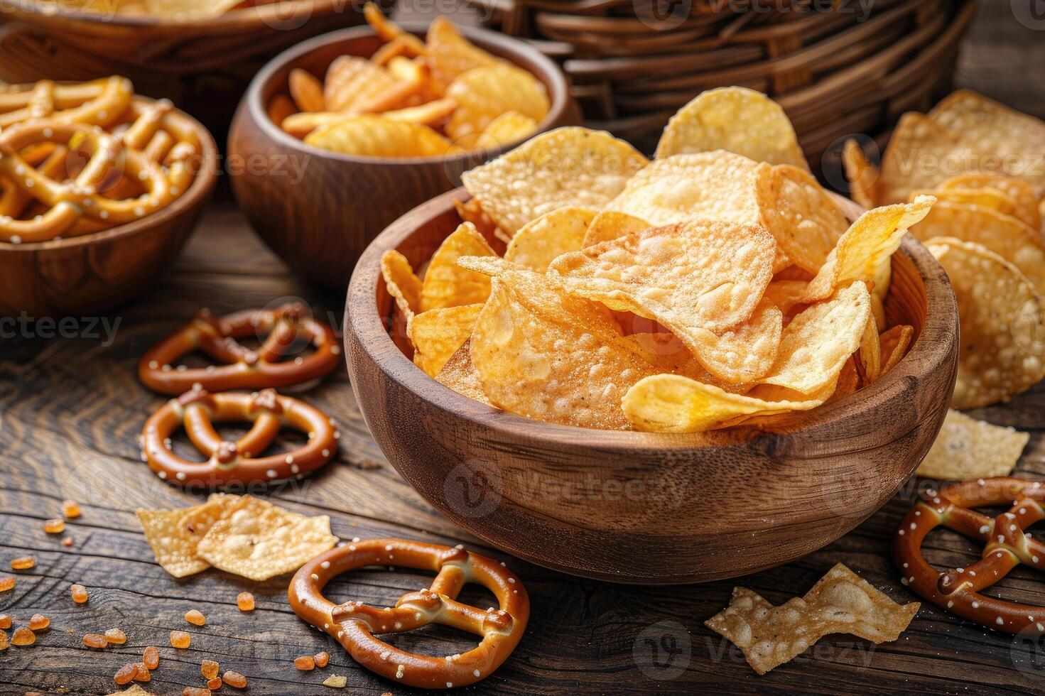 Salty snacks such as pretzels, chips, and crackers photo