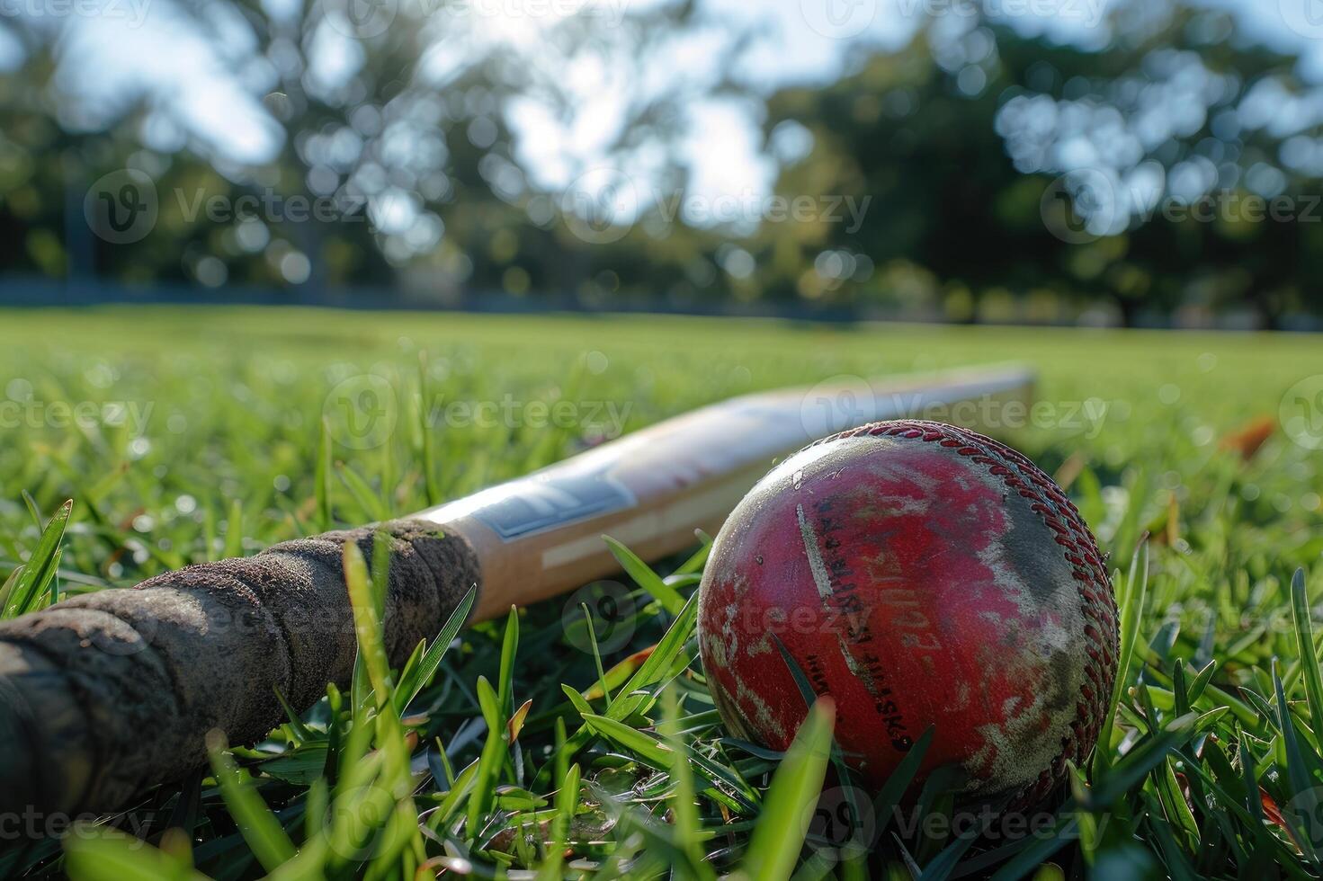 Close-up view of a worn cricket ball and bat lying on grass field photo