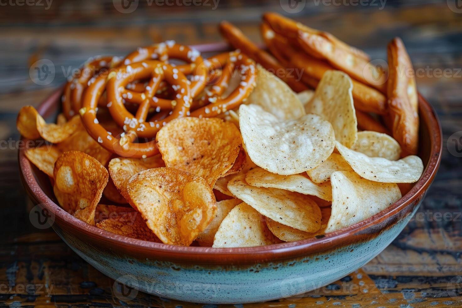 Salty snacks such as pretzels, chips, and crackers photo