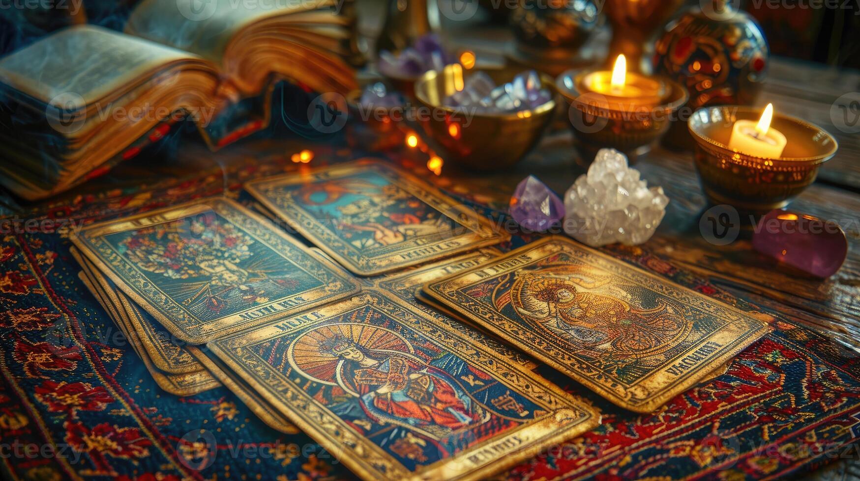 Magical tarot card spread on a wooden table with crystals and lights. photo