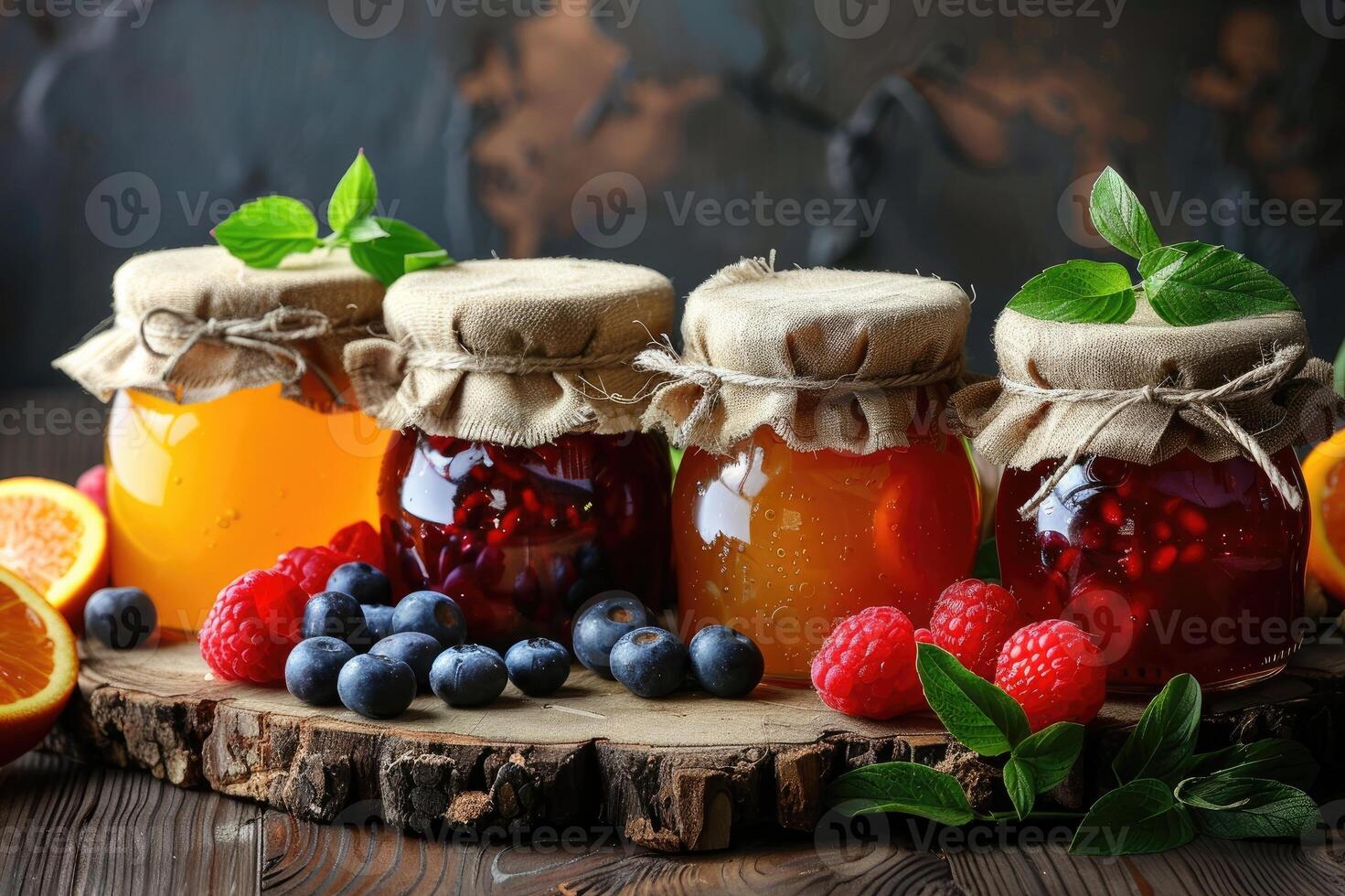 Homemade jams in jars with fruits photo