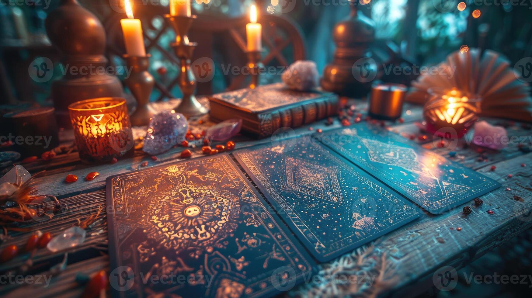 Magical tarot card spread on a wooden table with crystals and lights. photo