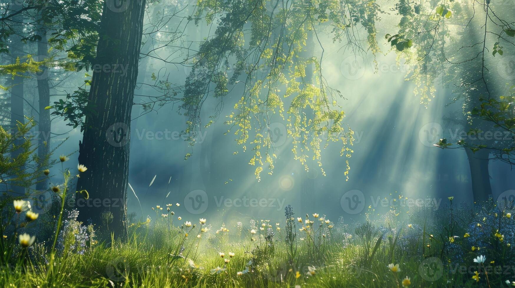 Beautiful nature at morning in the misty spring forest with sun photo