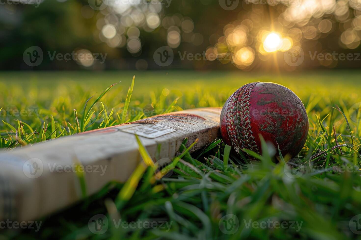 Close-up view of a worn cricket ball and bat lying on grass field photo