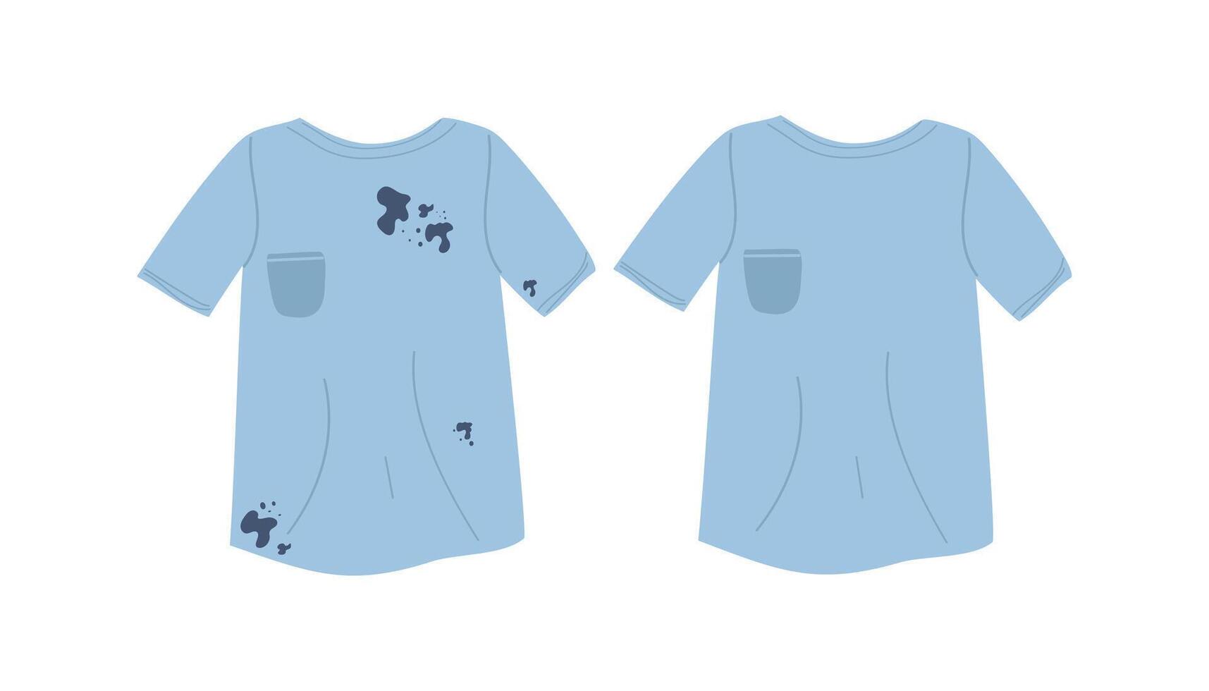 Dirty stained clothes and clean clothes. T-shirt. Clothes stained with dirt and washed. Laundry care, washing, illustration isolated on white background. vector