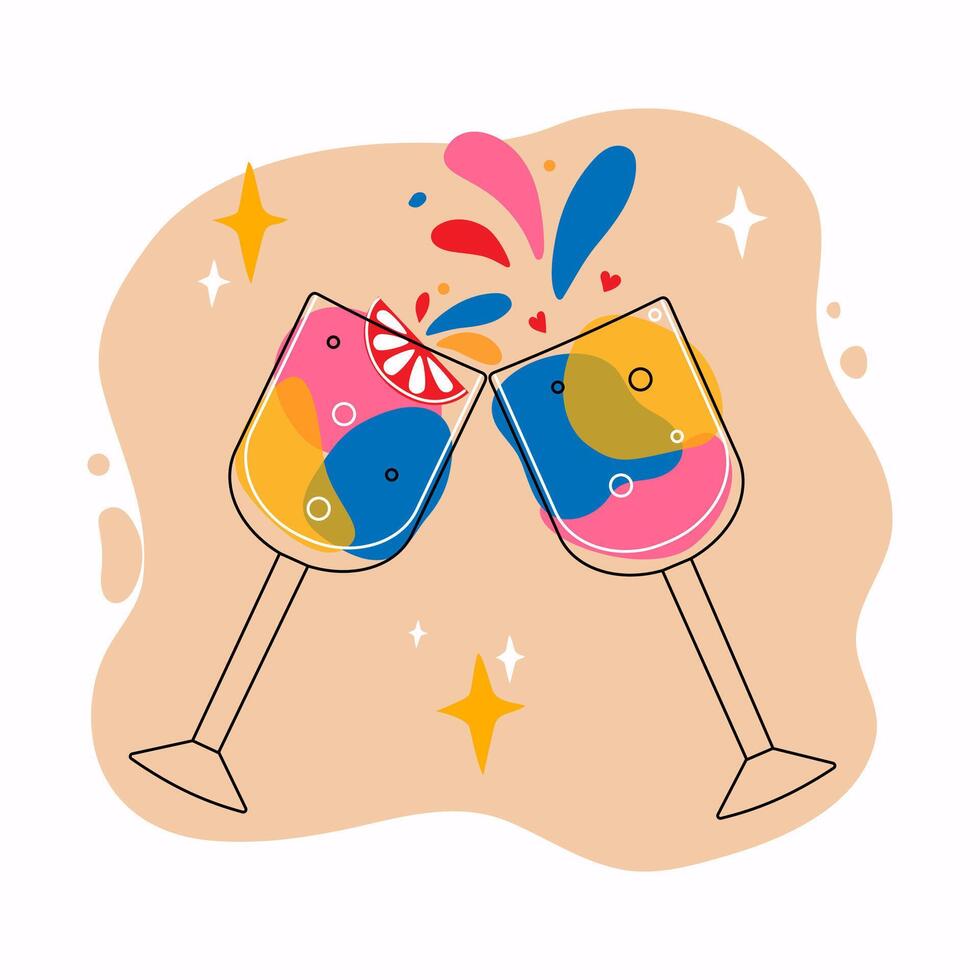 Wine glasses, champagne. Alcoholic drinks, festive decor. Splashes and drops of wine. Doodle style. vector