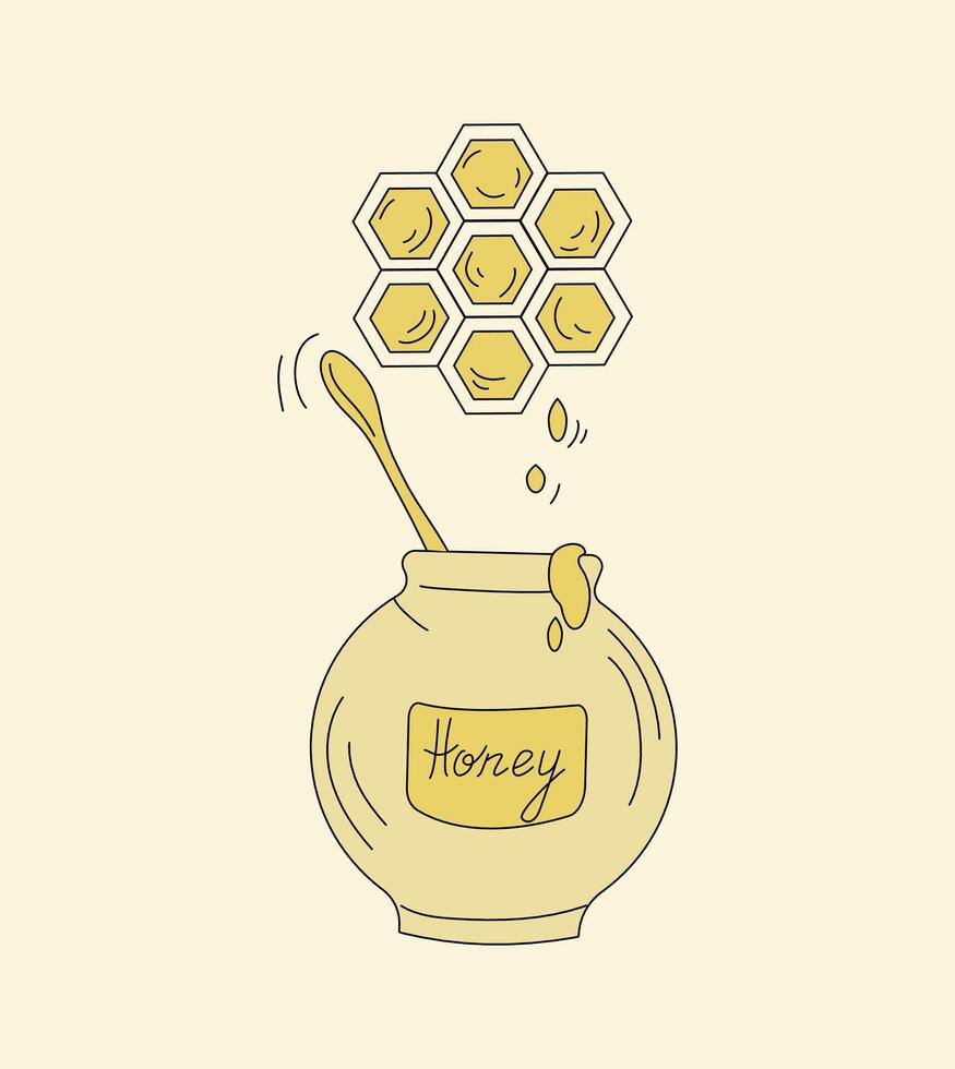 Honeycomb, bee honey in a pot. Colored drawing, doodle. Icons set. vector