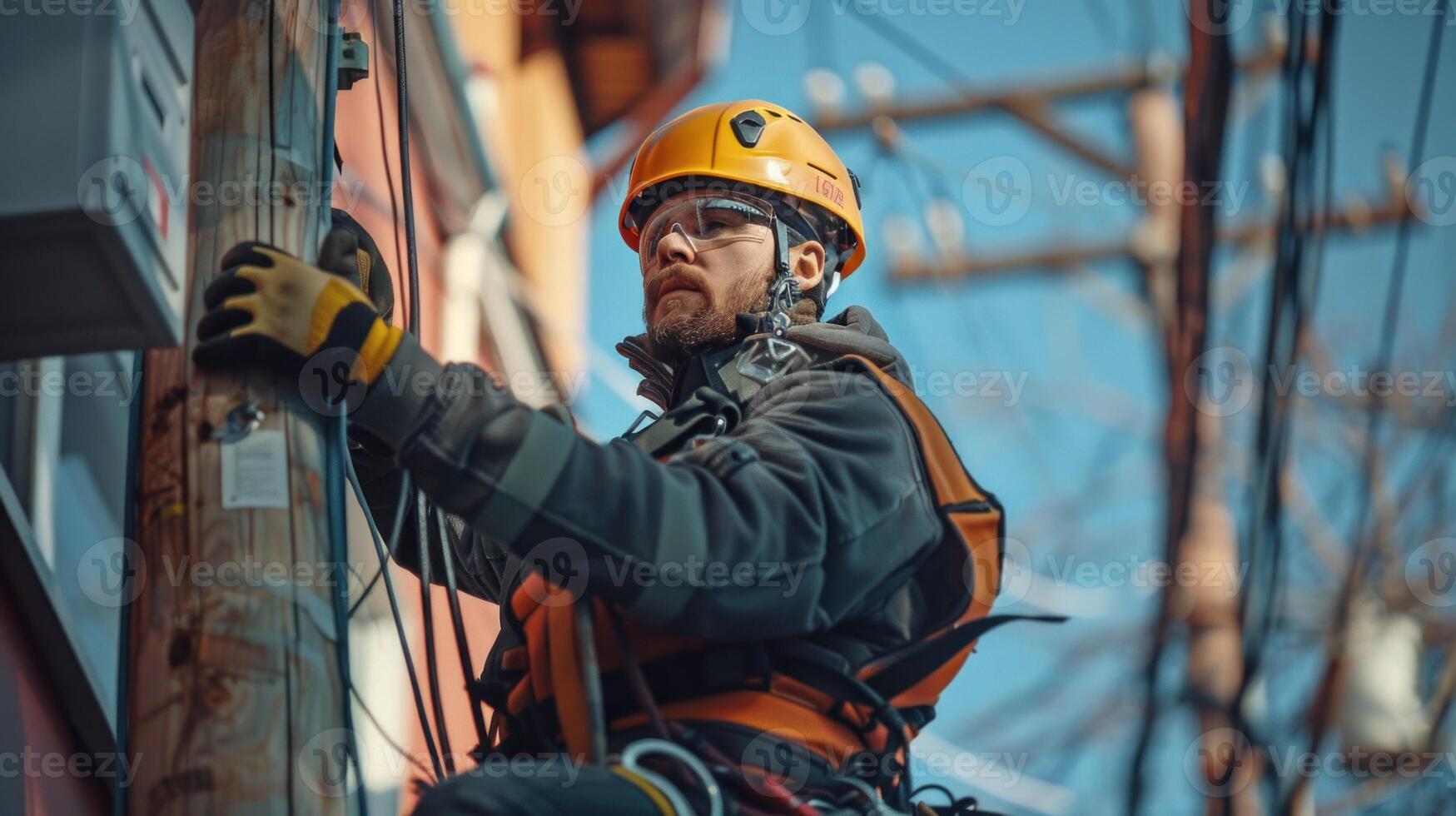 A man in a yellow helmet is working on a power line photo