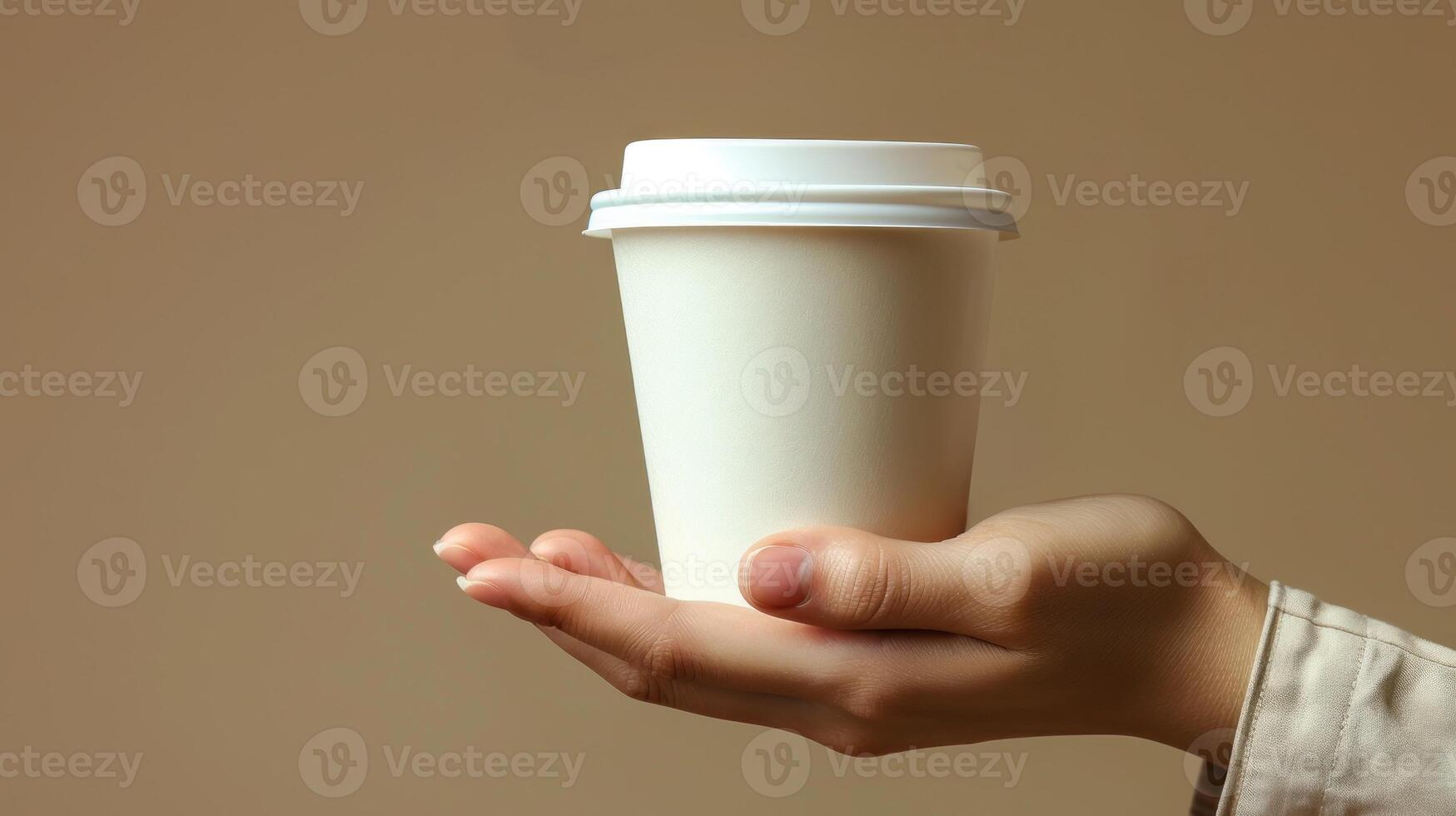 Woman's hand holding paper cup with coffee isolated on empty beige background with space for text or inscriptions. photo