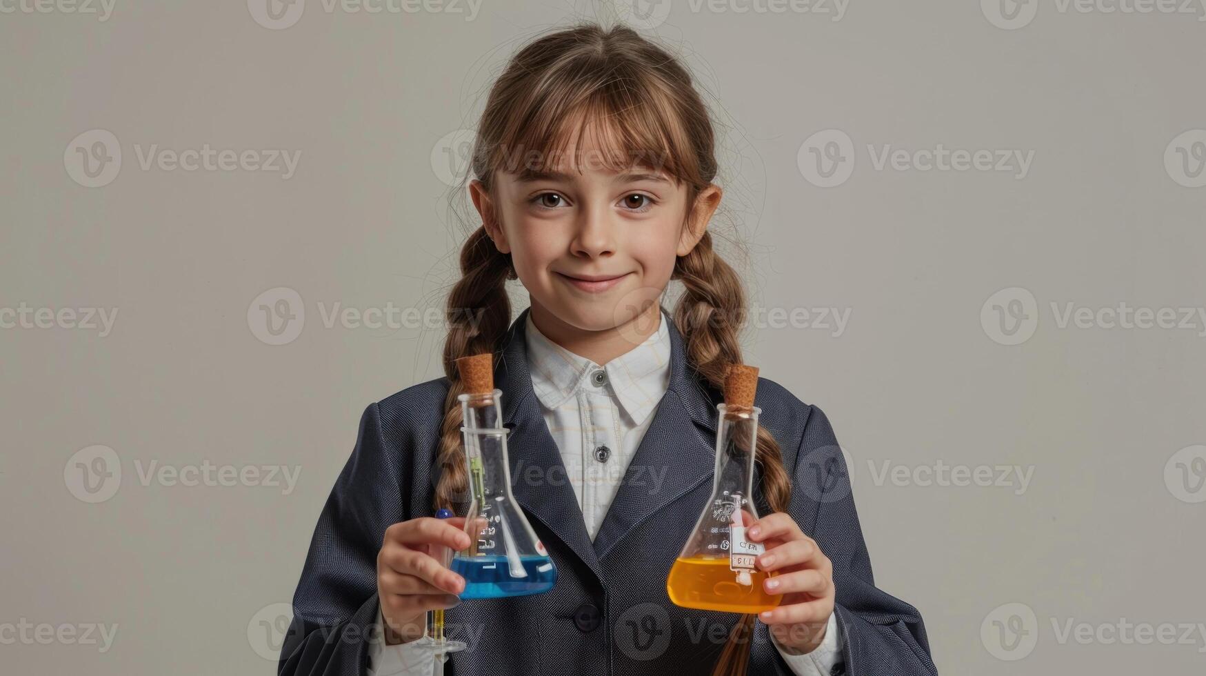 A young girl is holding two beakers, one of which is blue photo