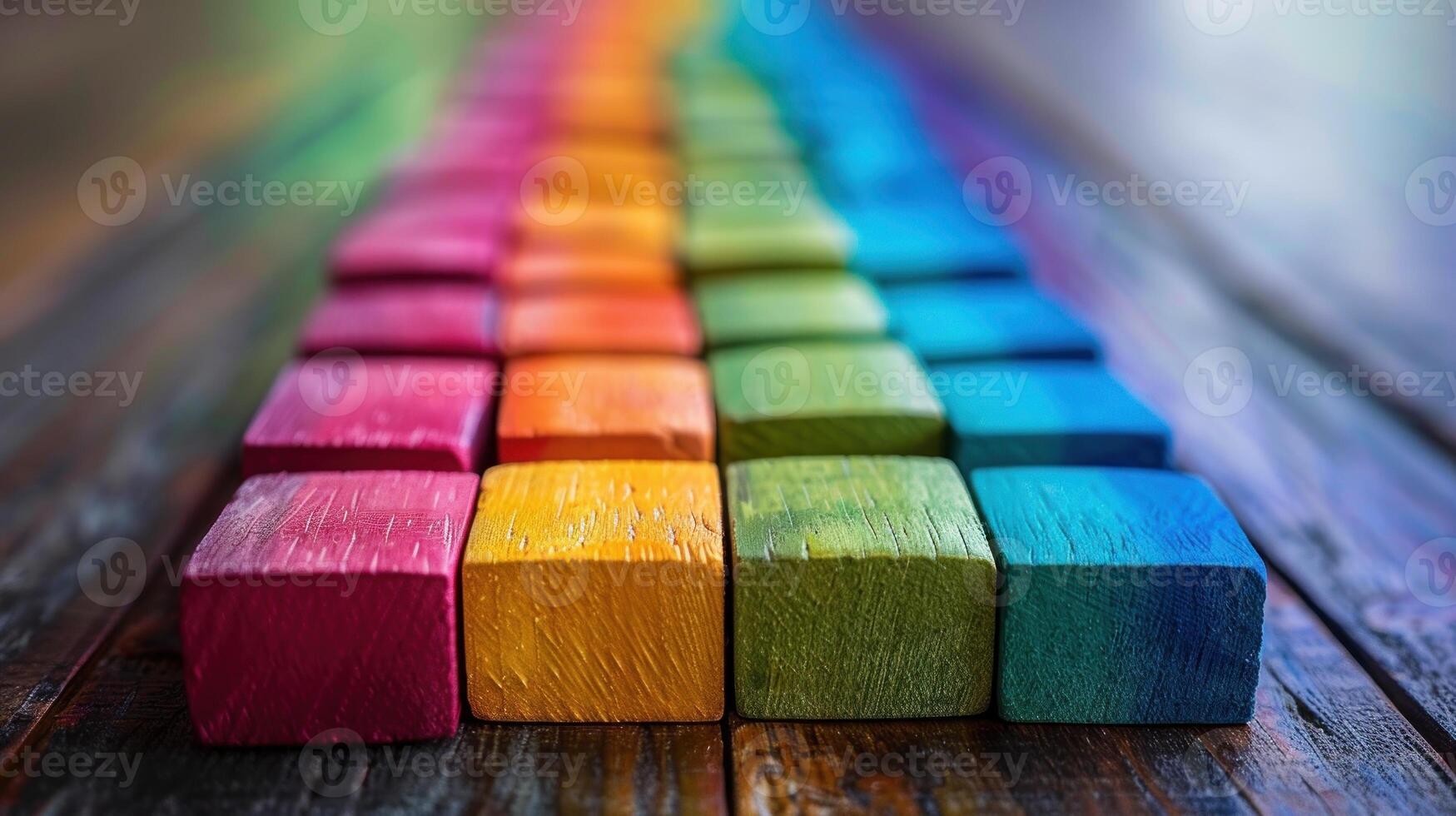 A row of colorful wooden blocks arranged in a rainbow pattern photo