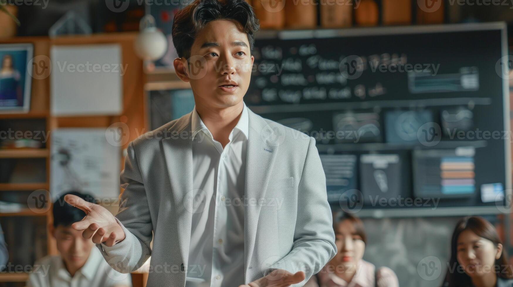 Asian man in a suit is giving a presentation in front of a group of people photo