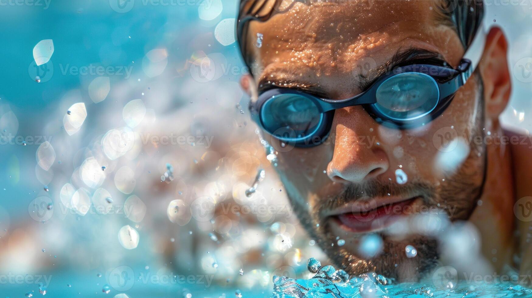 A man in a swimsuit is swimming in a pool photo