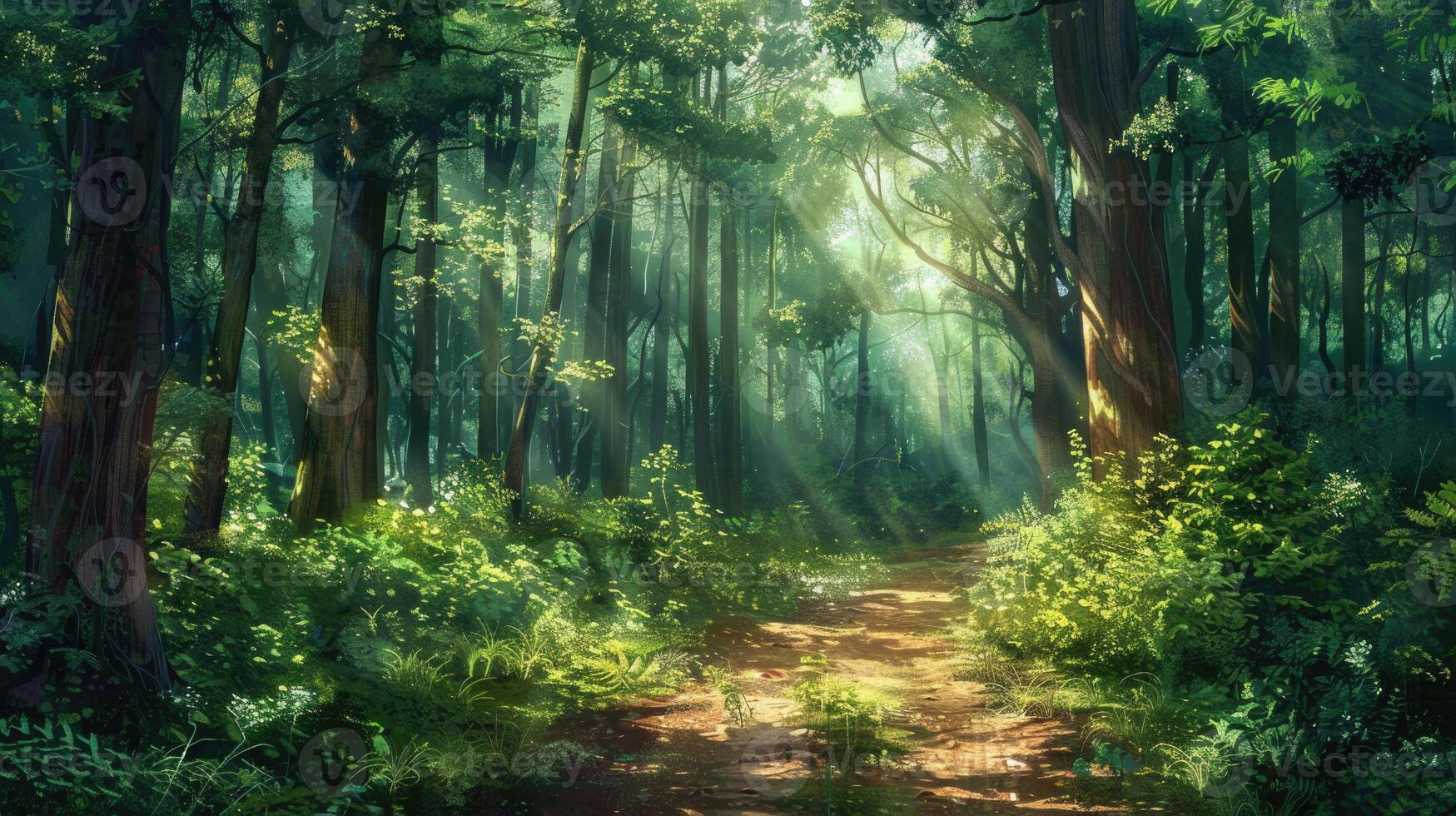 A sunlit forest path surrounded by lush green foliage in summer. photo