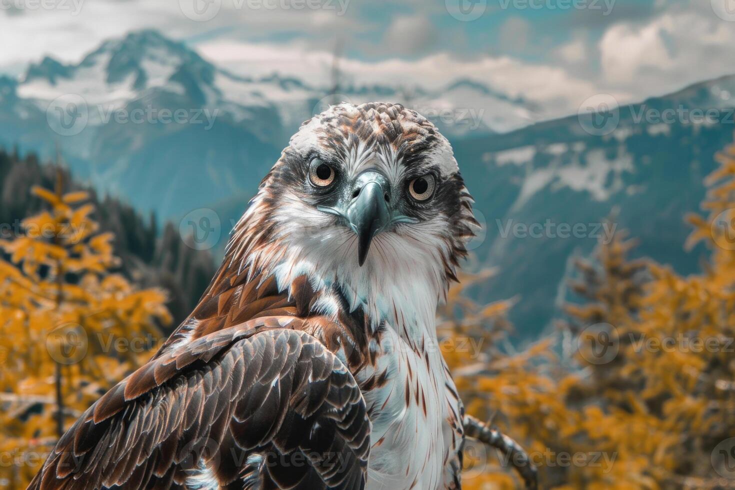 A majestic eagle with piercing eyes stares into the camera. photo