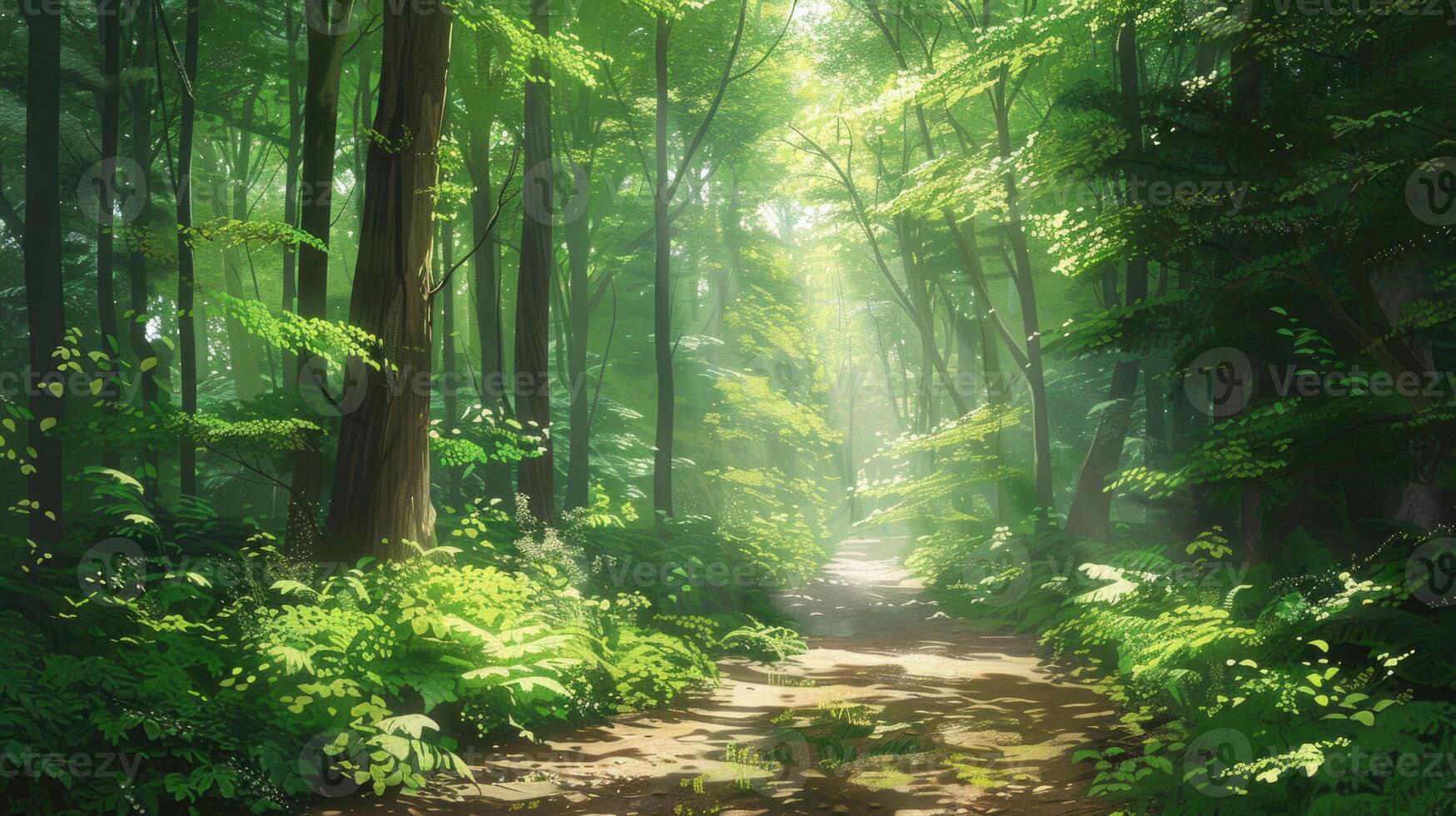 A sunlit forest path surrounded by lush green foliage in summer. photo