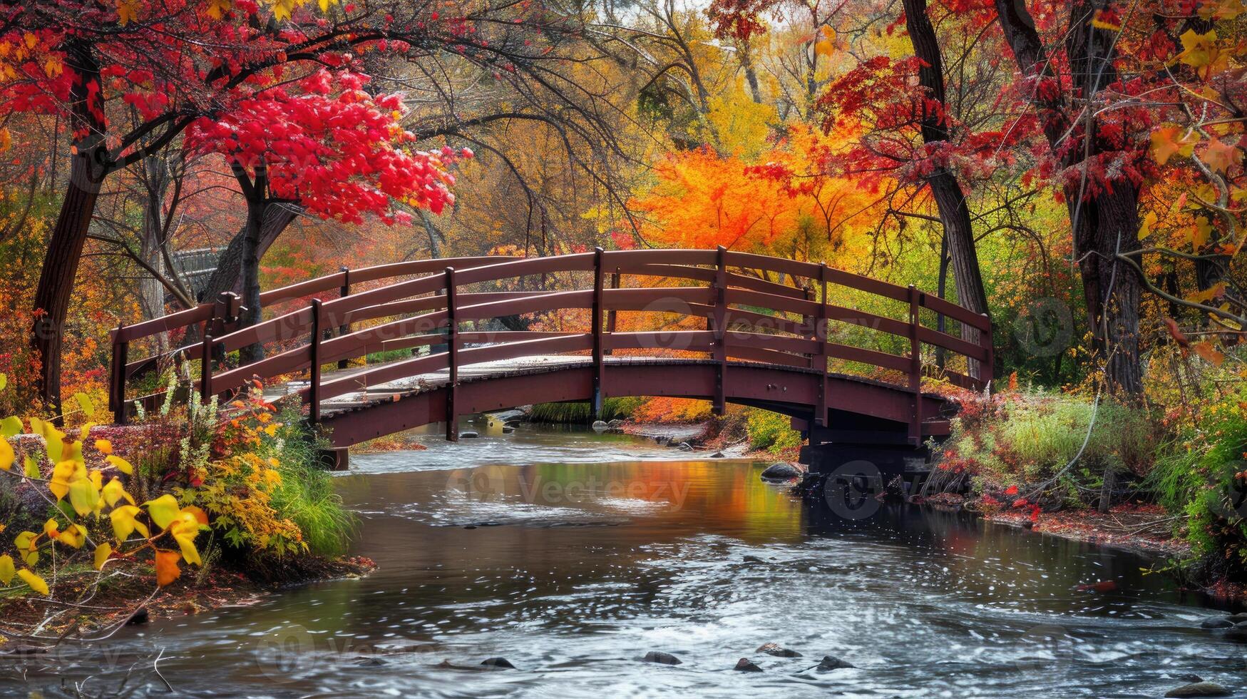 A bridge over a stream surrounded by colorful autumn leaves. photo