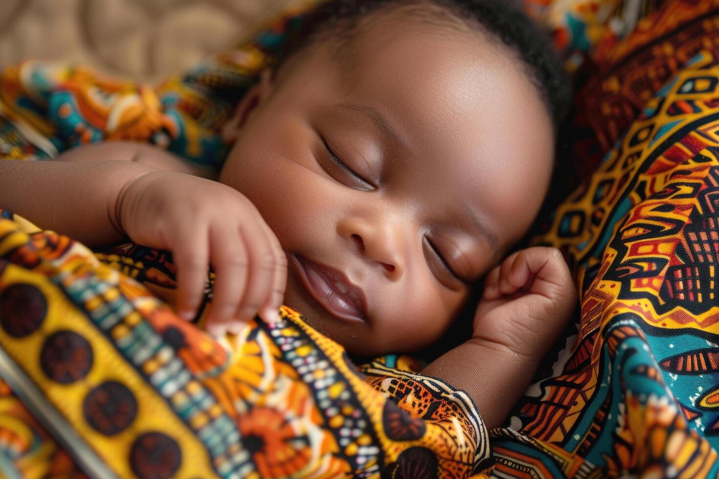 A swaddled newborn baby of African descent with a serene expression photo
