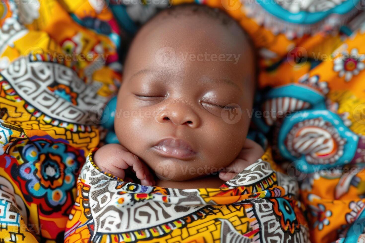A swaddled newborn baby of African descent with a serene expression photo