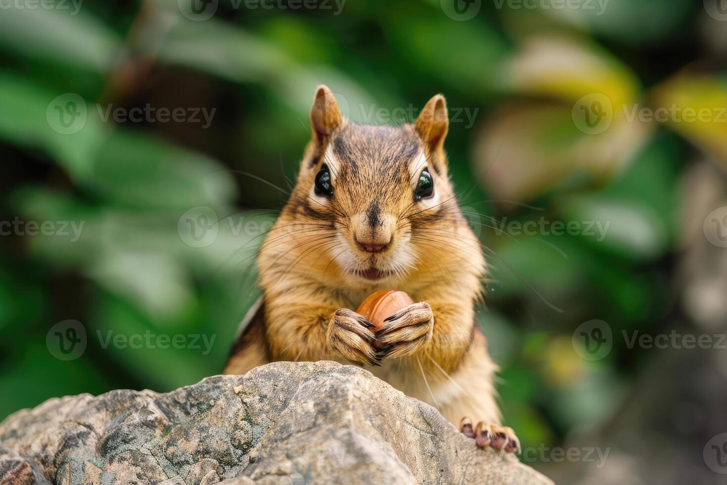 A playful chipmunk holding a nut looks at the camera. photo