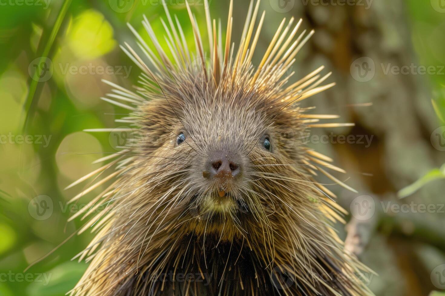A curious porcupine looks directly into the camera. photo