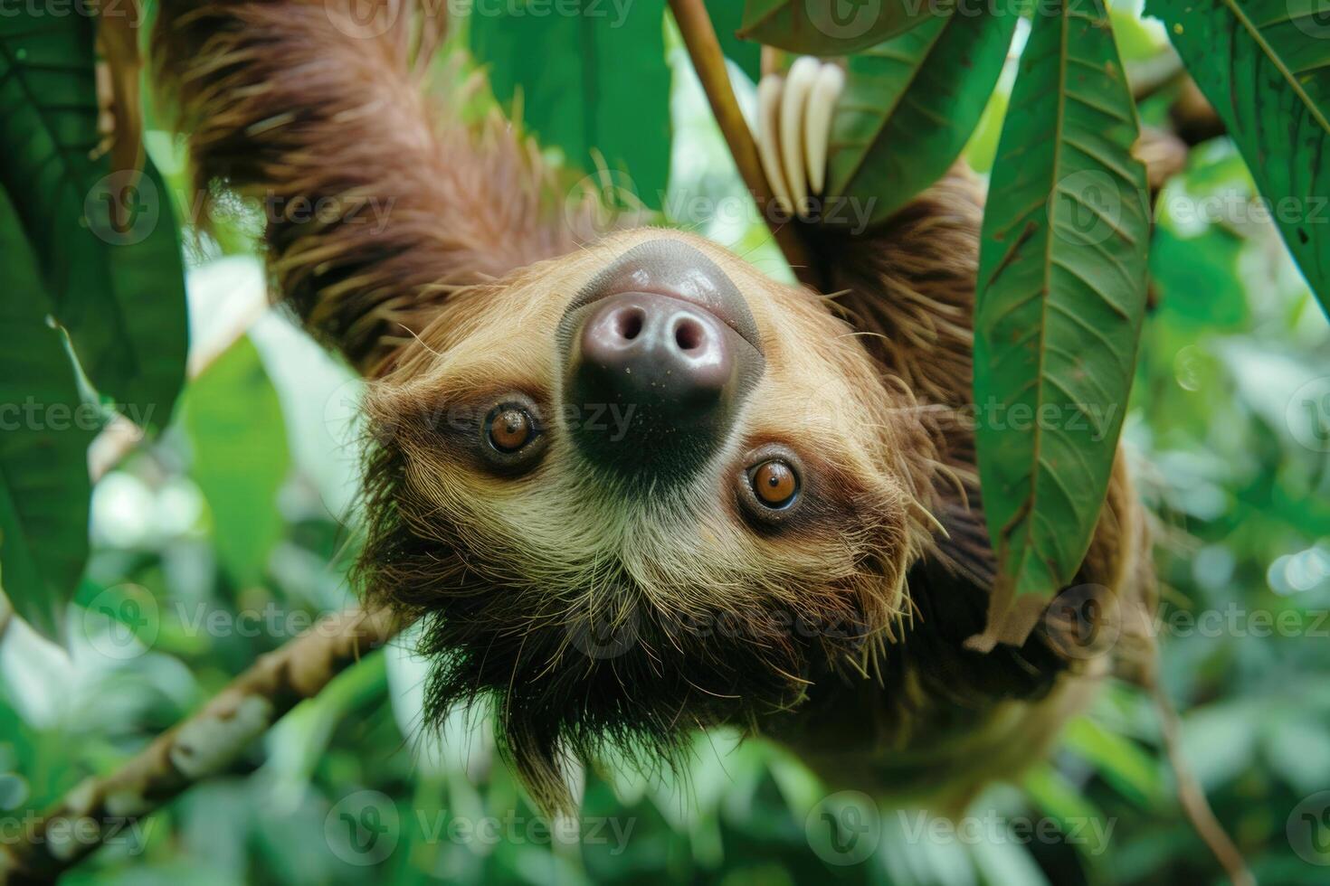 A playful sloth hanging from a tree, looking at the camera. photo