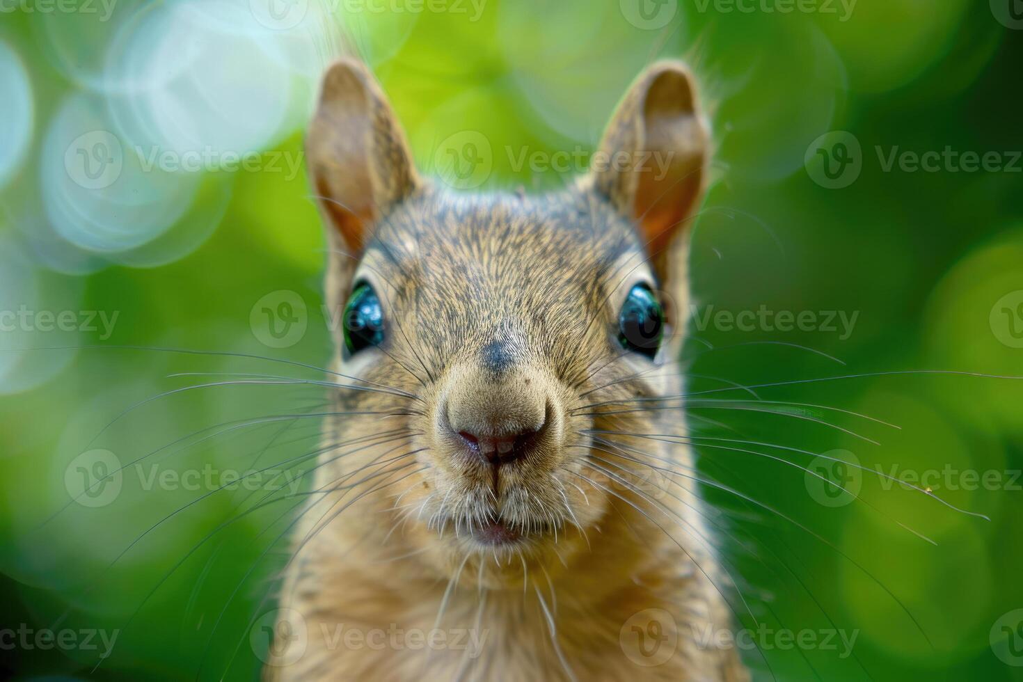 A curious squirrel looks directly into the camera. photo