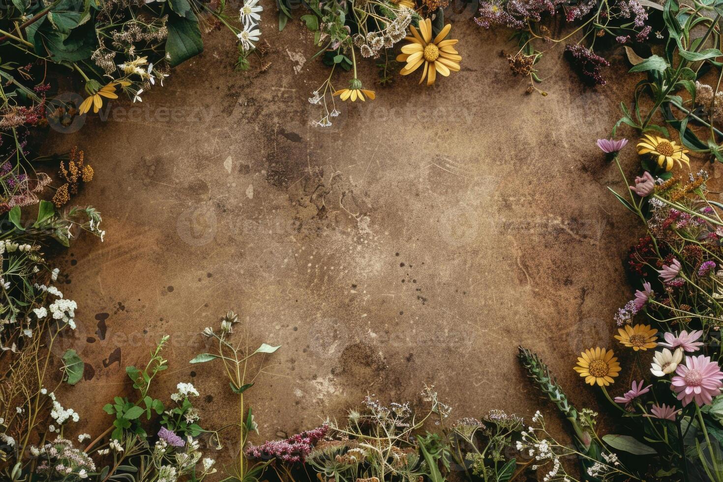 A rustic floral banner with an empty space for design elements. photo