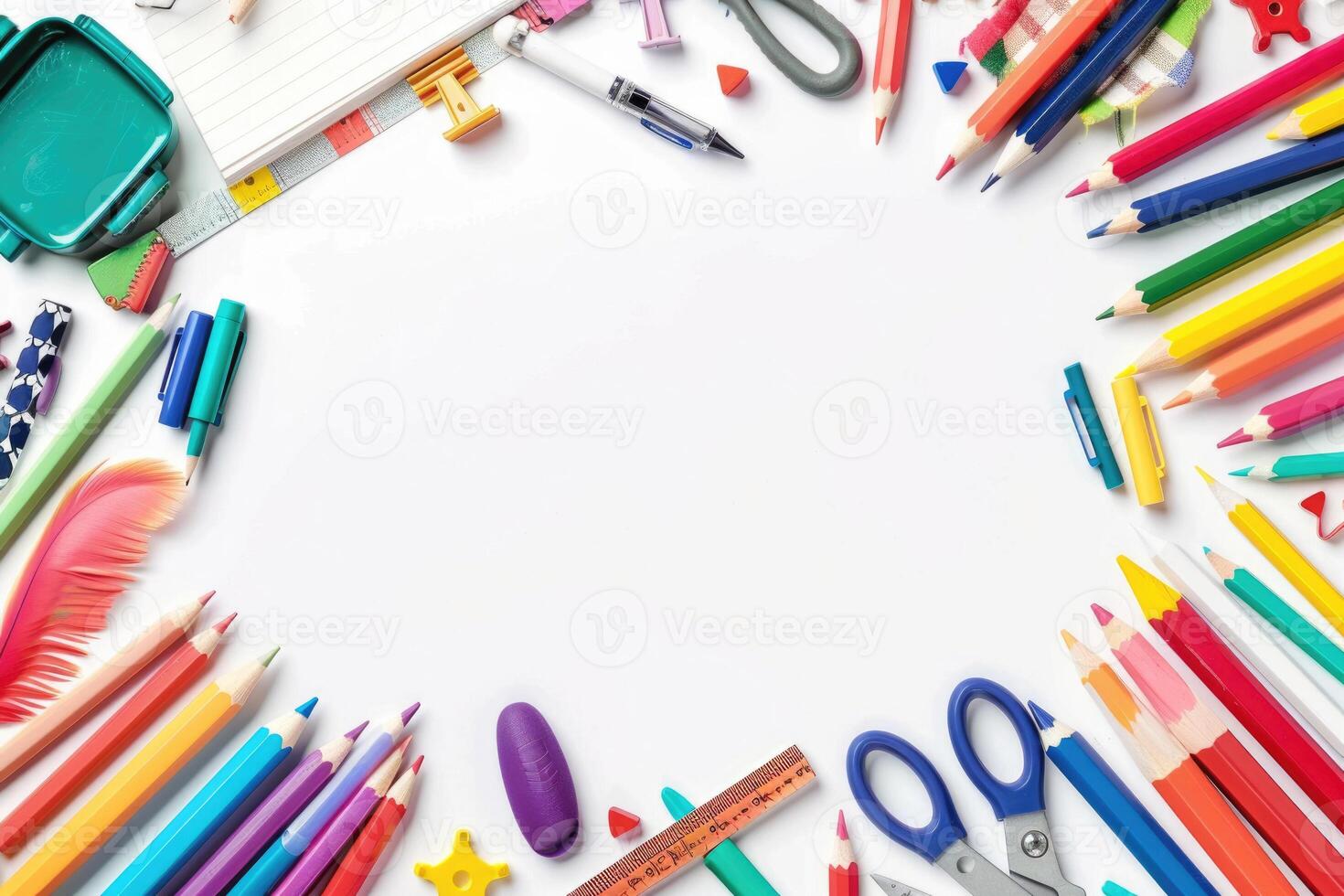 A clean white background with colorful school supplies around the edges. photo