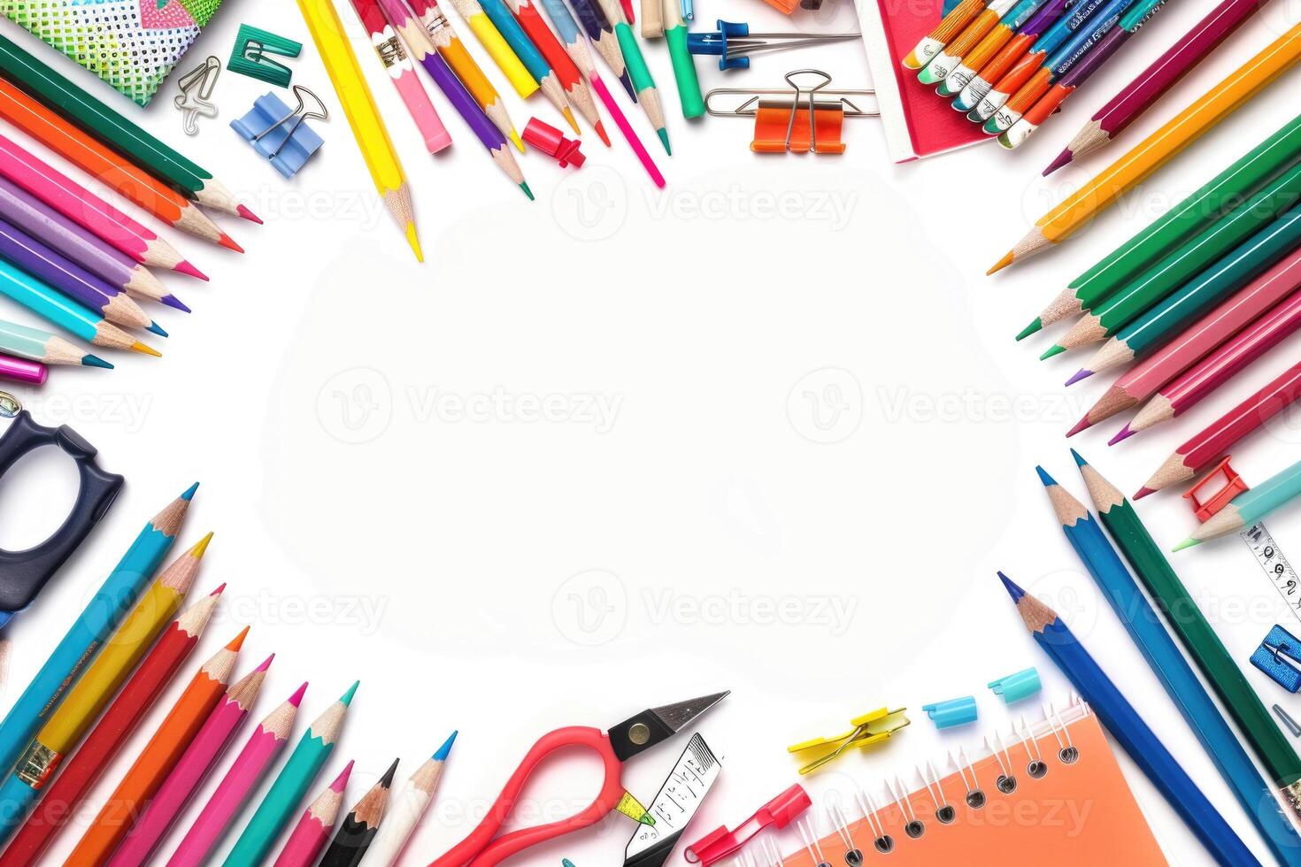 A clean white background with colorful school supplies around the edges. photo