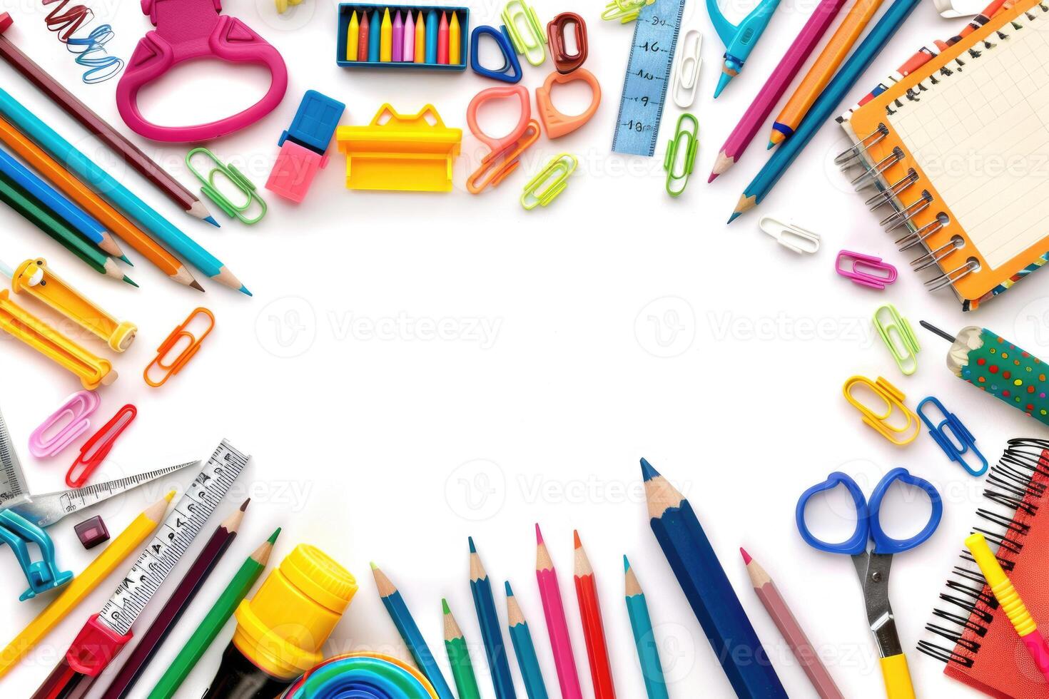 A clean white background with colorful school supplies around the edges. photo
