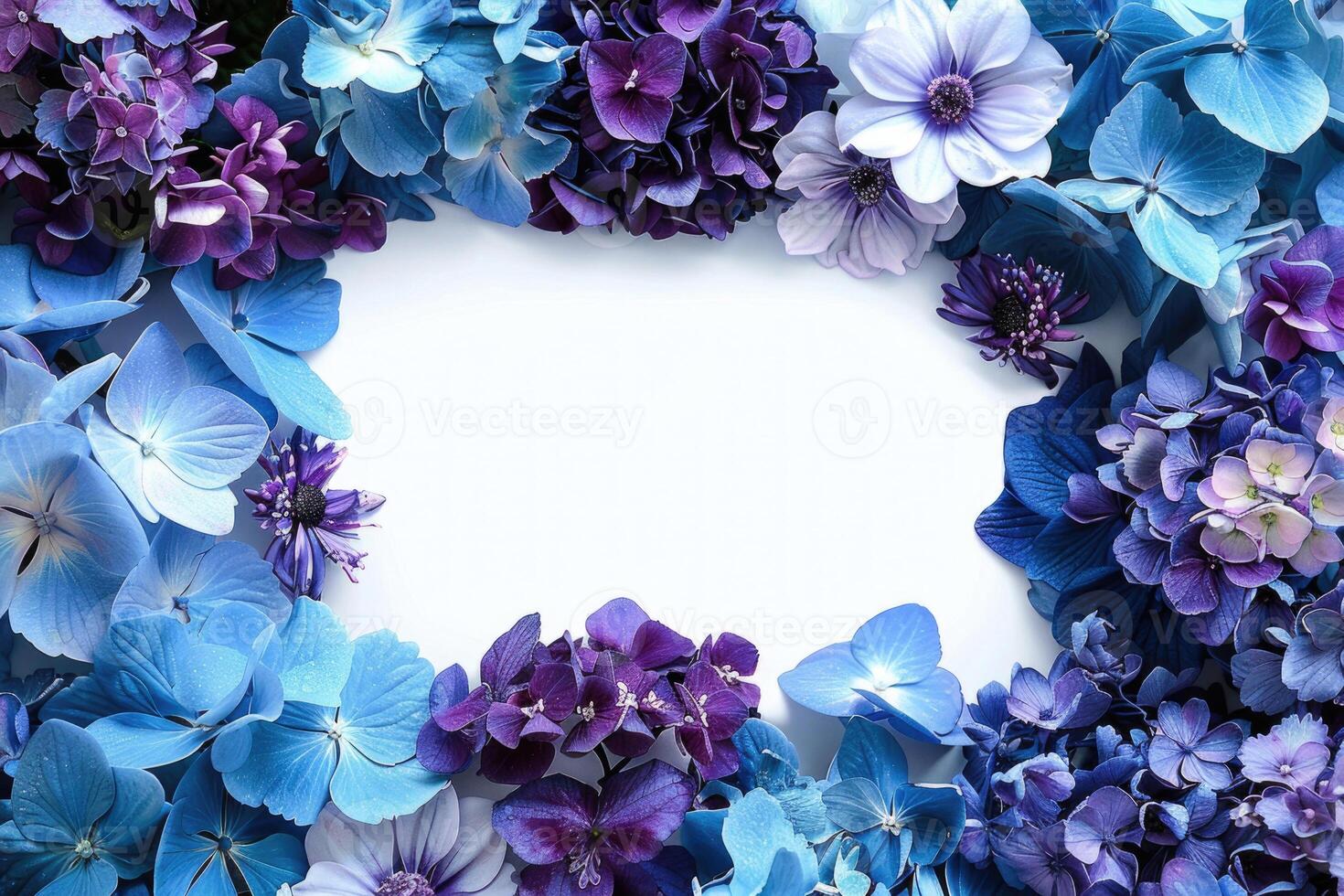 A floral banner with blue and purple flowers and a blank space for text in the center. photo