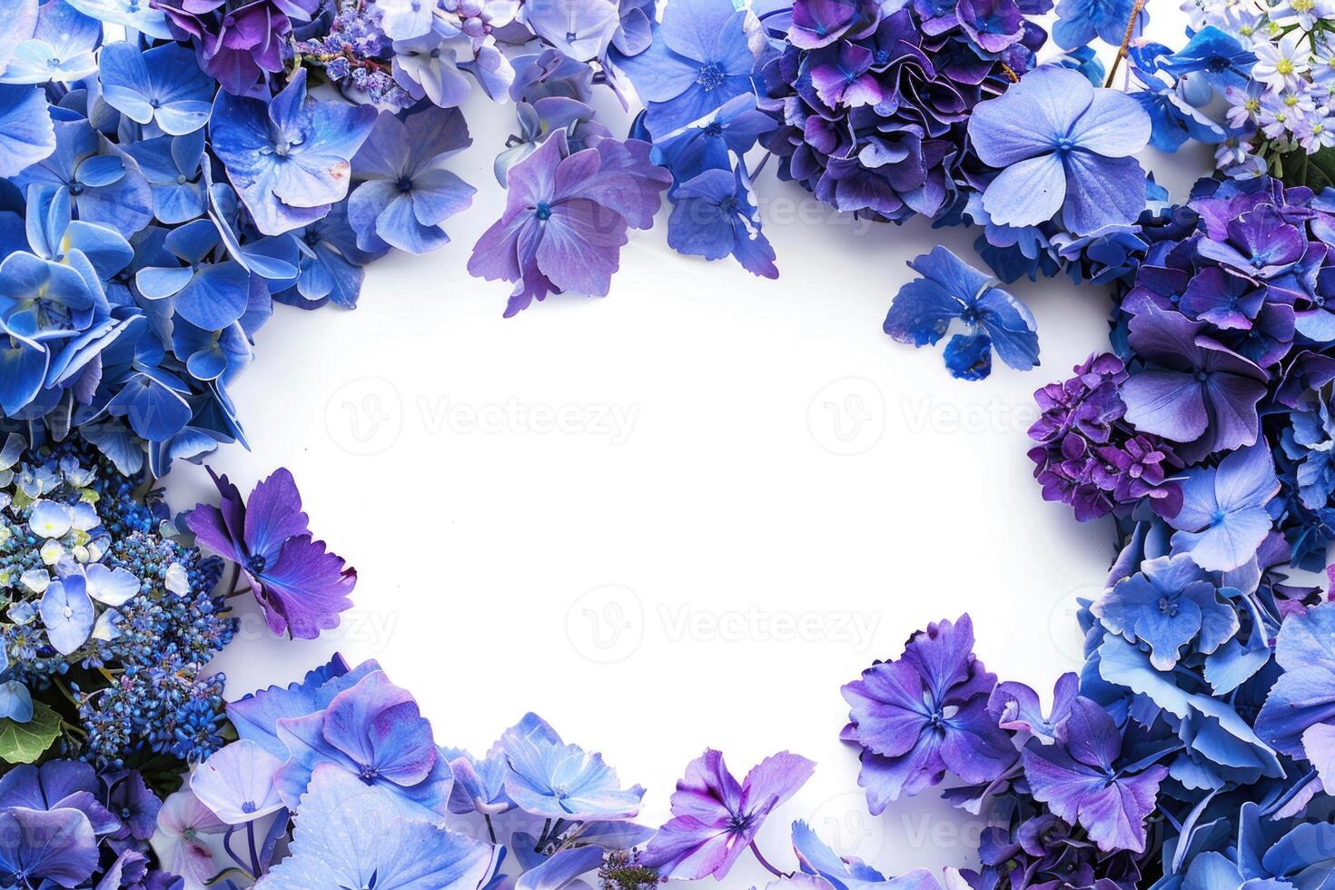 A floral banner with blue and purple flowers and a blank space for text in the center. photo